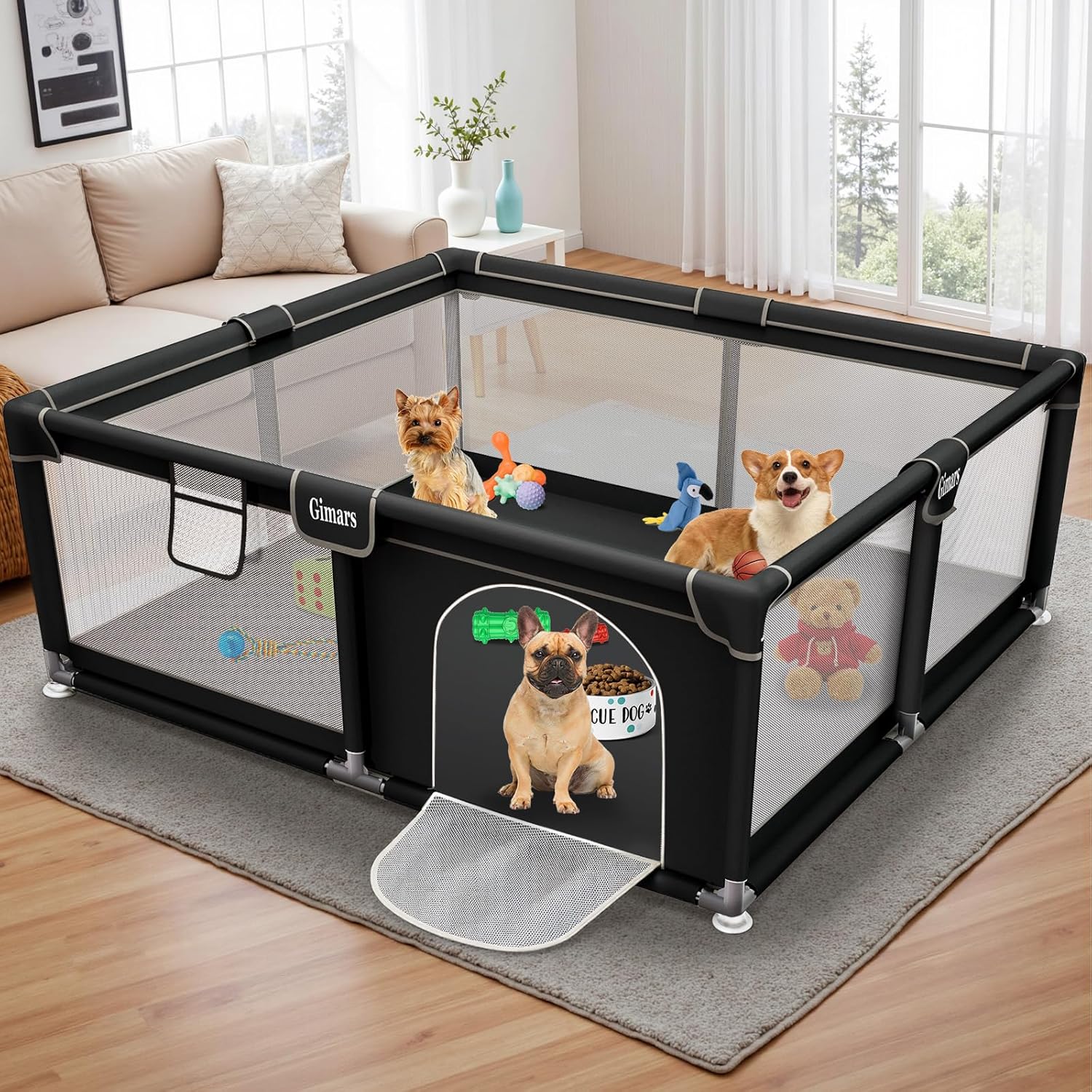 50x50x26 Inches Puppy Playpen with Gate, Dog Playpen for Puppies or Small Dogs, Sturdy Safety Dog Fence Pet Playpen with Thickened Fabric, High-Strength Nylon Wire Mesh for Indoor & Outdoor,Washable Black-Large