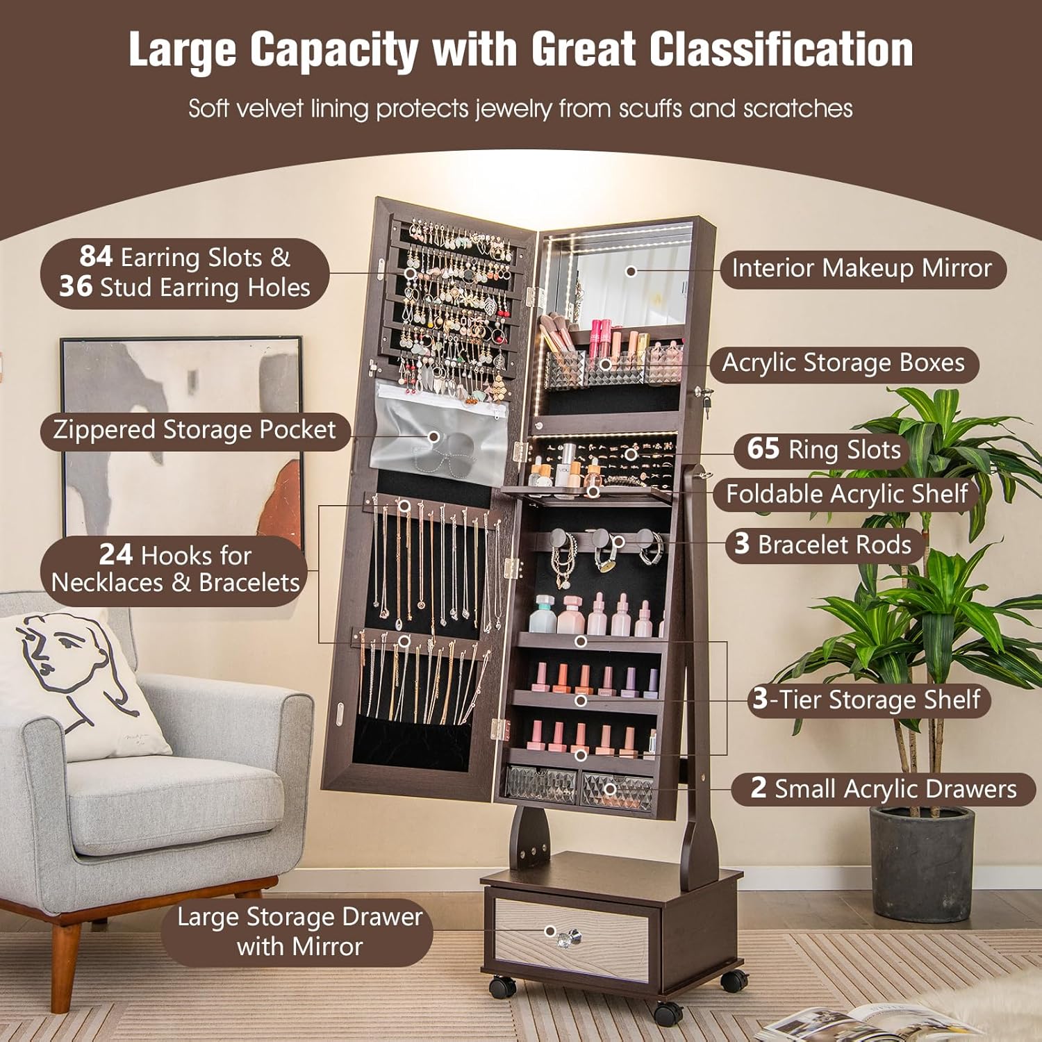 CHARMAID Rolling Jewelry Armoire with Full Length Mirror, Lockable Standing Jewelry Cabinet Organizer with Wheels & 3-Color Lights, Mirror with Jewelry Storage, Drawers & Shelves (Espresso)