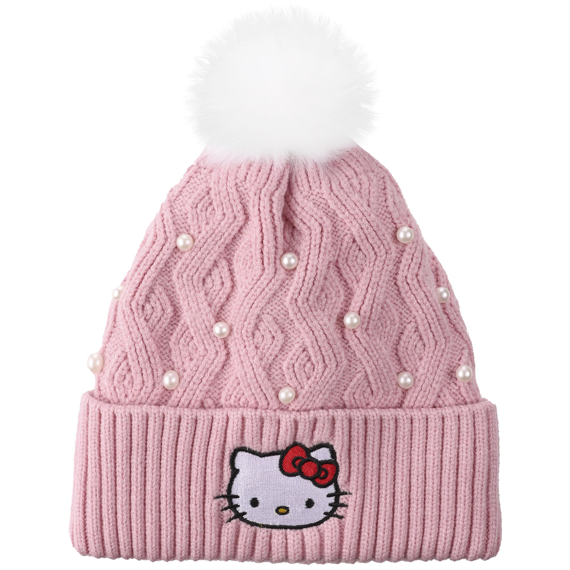 Bioworld Hello Kitty Pink Knit Cuff Beanie with Faux Fur Pom – Official Sanrio Merchandise