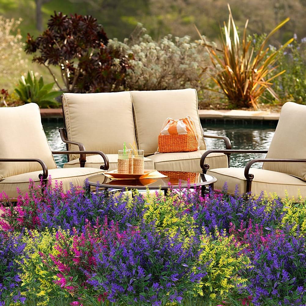 24 Bundles Outdoor Artificial Lavender Fake Flowers UV Resistant Shrubs Plants, No Fade Faux Plastic Greenery for Hanging Plants Garden Porch Window Box Home Wedding Farmhouse Decor (Purple)