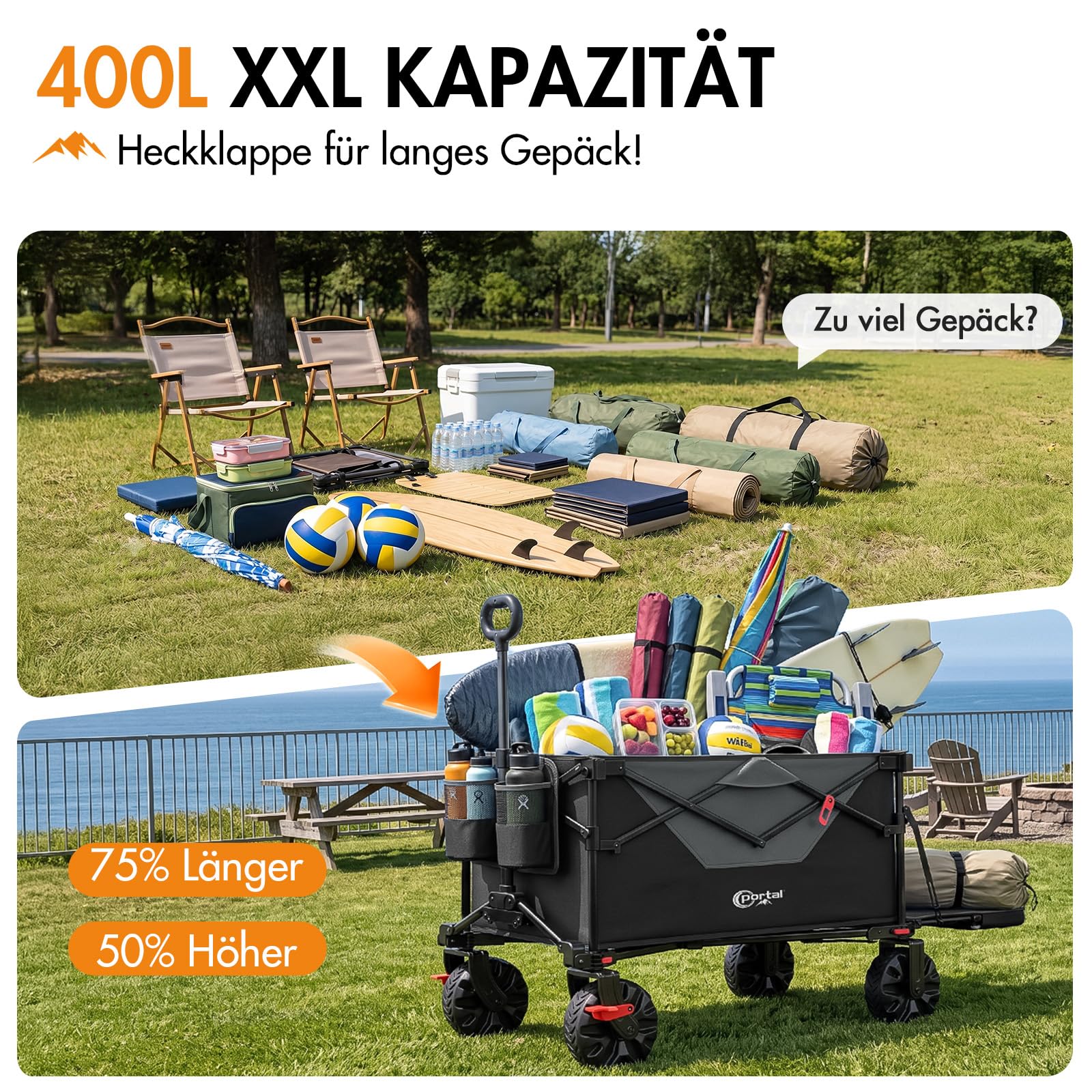 Portal Bollerwagen faltbar 400L XXL Große Ladefläche 210kg belastbar Handwagen mit Faltbarer Heckklappe Transportwagen Leiterwagen klappbar Strandwagen Faltwagen für Garten Camping Festival