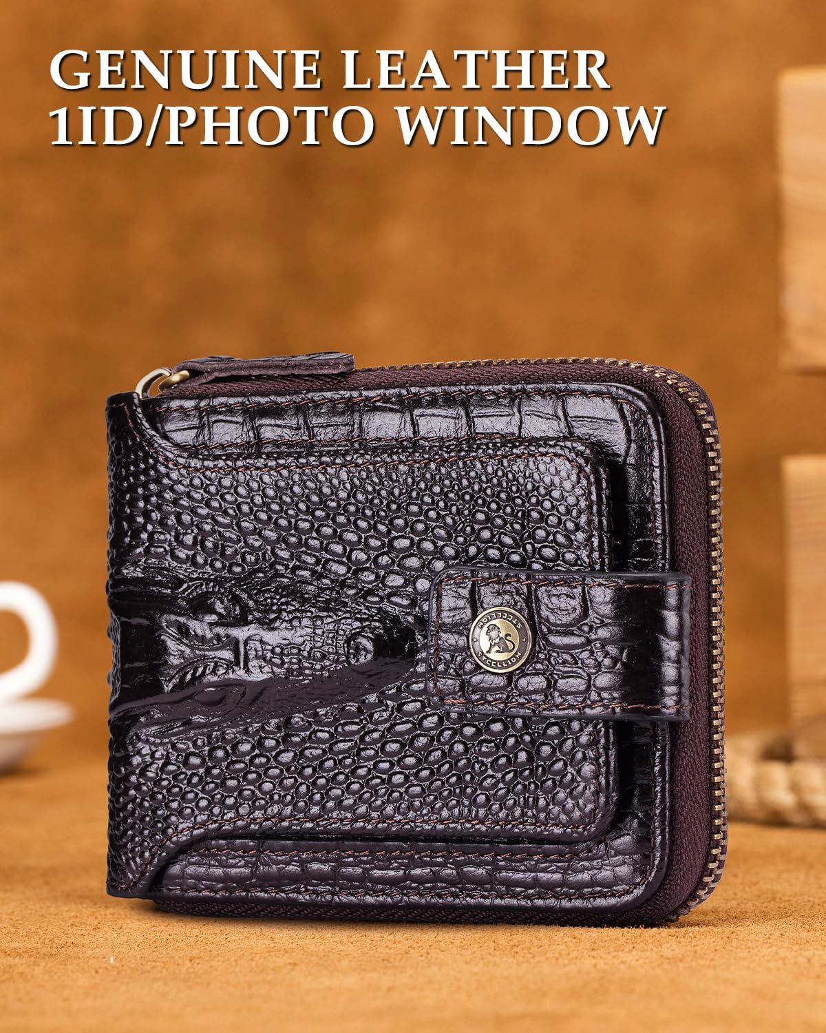 STEELLION Men's Genuine Cowhide Leather Wallet, Crocodile Embossed Bifold with 15 Card Slots, RFID Blocking & Secure Zipper Coin Pocket - Image 9