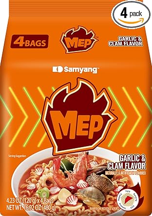 MEP Garlic and Clam Flavor, Instant Korean Ramen noodles, Spicy Ramyeon Noodle Soup [4.23 OZ (120g) x 4 Bags]