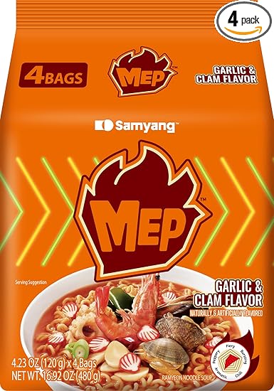 MEP Garlic and Clam Flavor, Instant Korean Ramen noodles, Spicy Ramyeon Noodle Soup [4.23 OZ (120g) x 4 Bags]