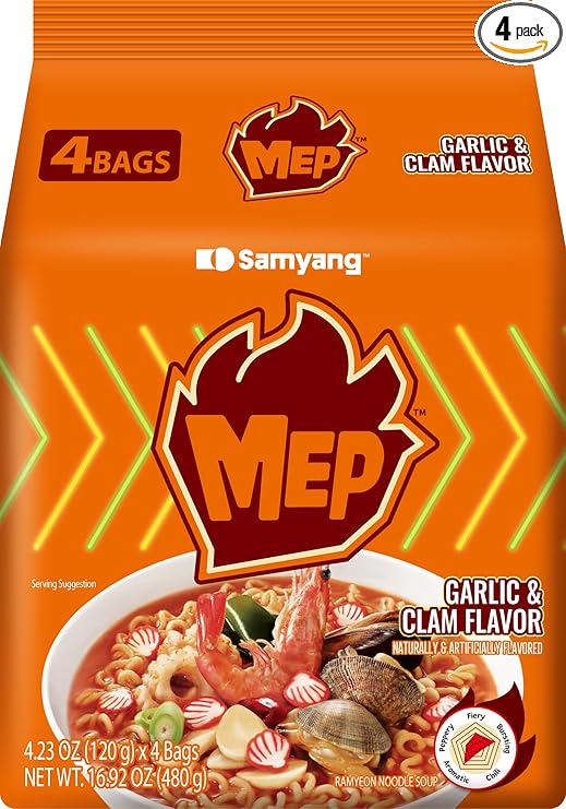 MEP Garlic and Clam Flavor, Instant Korean Ramen noodles, Spicy Ramyeon Noodle Soup [4.23 OZ (120g) x 4 Bags]