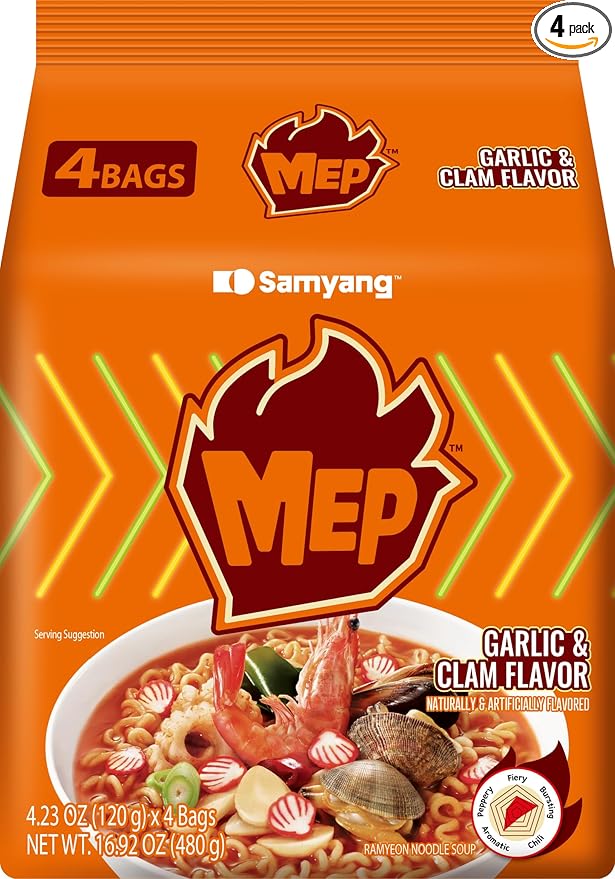 MEP Garlic and Clam Flavor, Instant Korean Ramen noodles, Spicy Ramyeon Noodle Soup [4.23 OZ (120g) x 4 Bags]