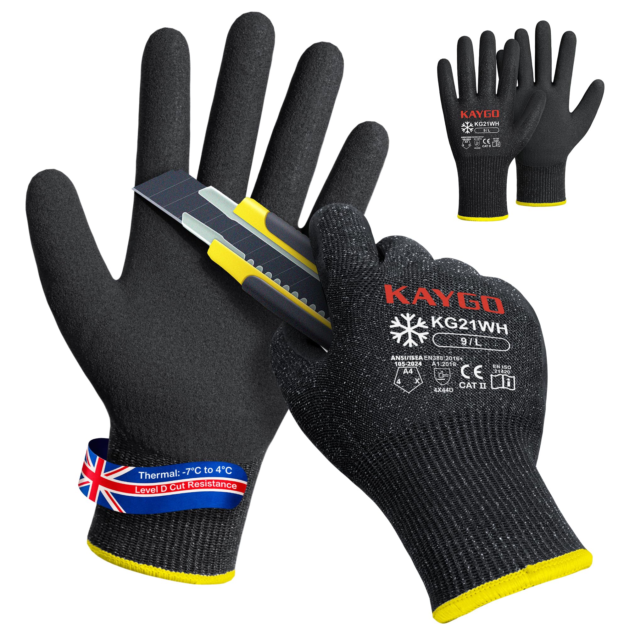KAYGO Thermal Safety Work Gloves Sandy Nitrile Coated 2 Pairs, KG21W