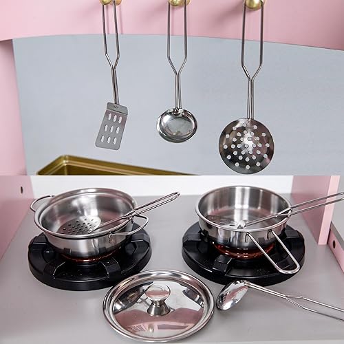 Miniatura 7 de Juego de cocina para niños con luces y sonidos, cocina de esquina de madera con fregadero, horno, máquina de hielo y accesorios de juego de