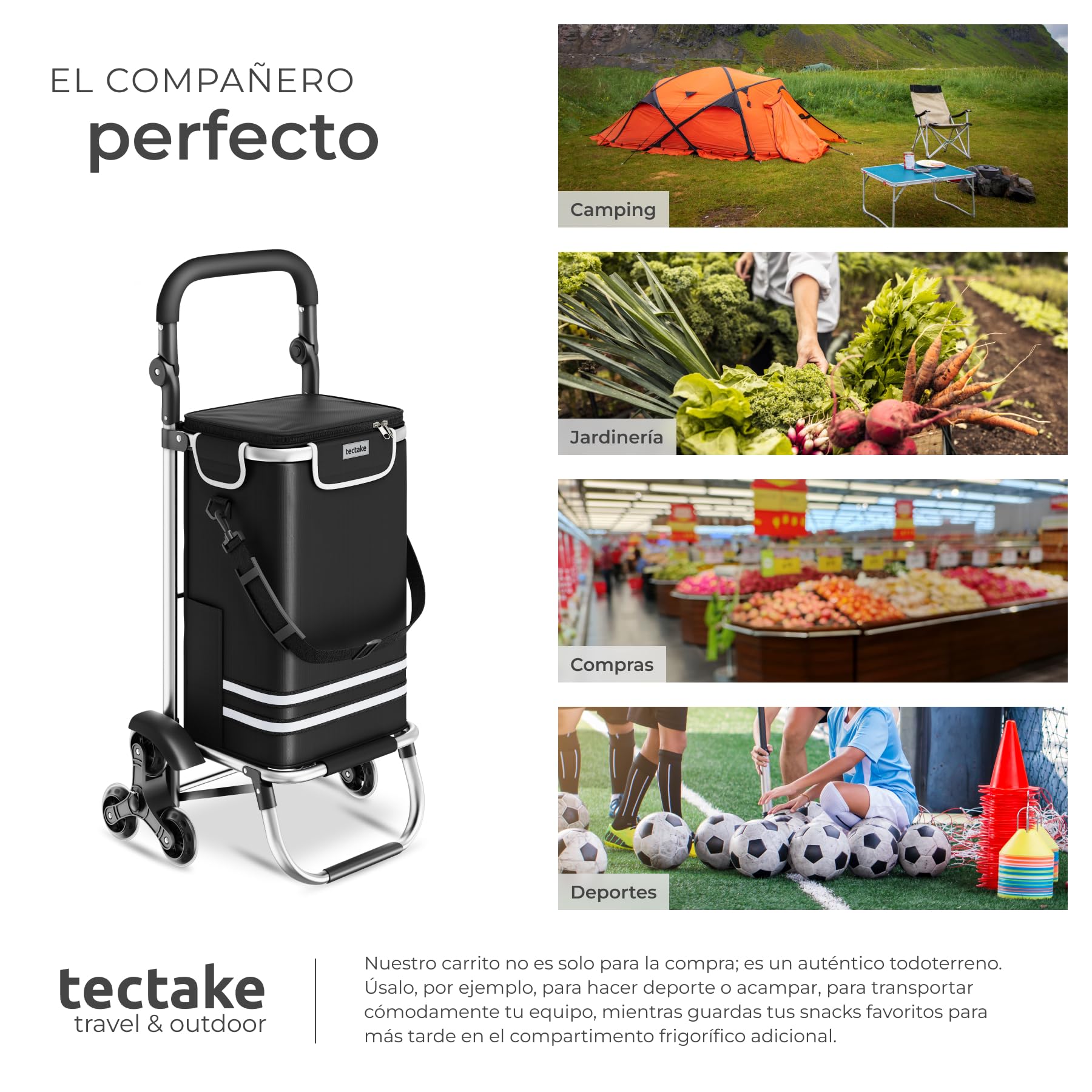 tectake® Carro de la Compra Plegable con Bolsa Termica, Carrito Compra 3 en 1 con 6 Ruedas, Capacidad 56L, Carro Plegable con Ruedas de Estrella para Supermercado y Viajes - Negro