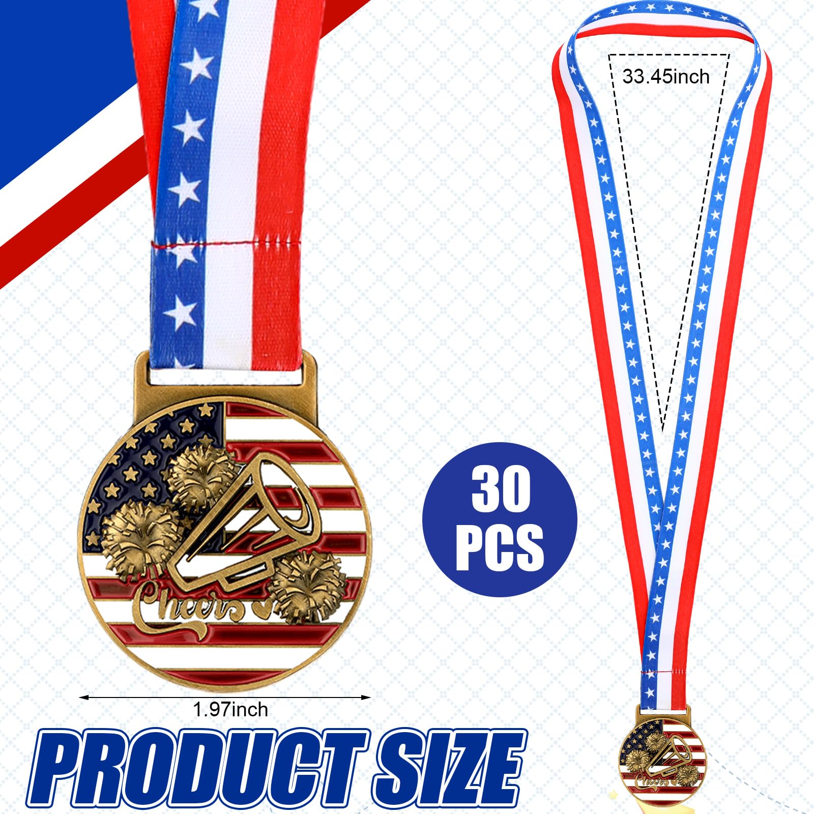 30 medallas patrióticas, medallas de oro, trofeo a granel con cintas para el cuello, medallón espiritual con estrellas y rayas, bandera estadounidense para regalo de ganador de trofeo