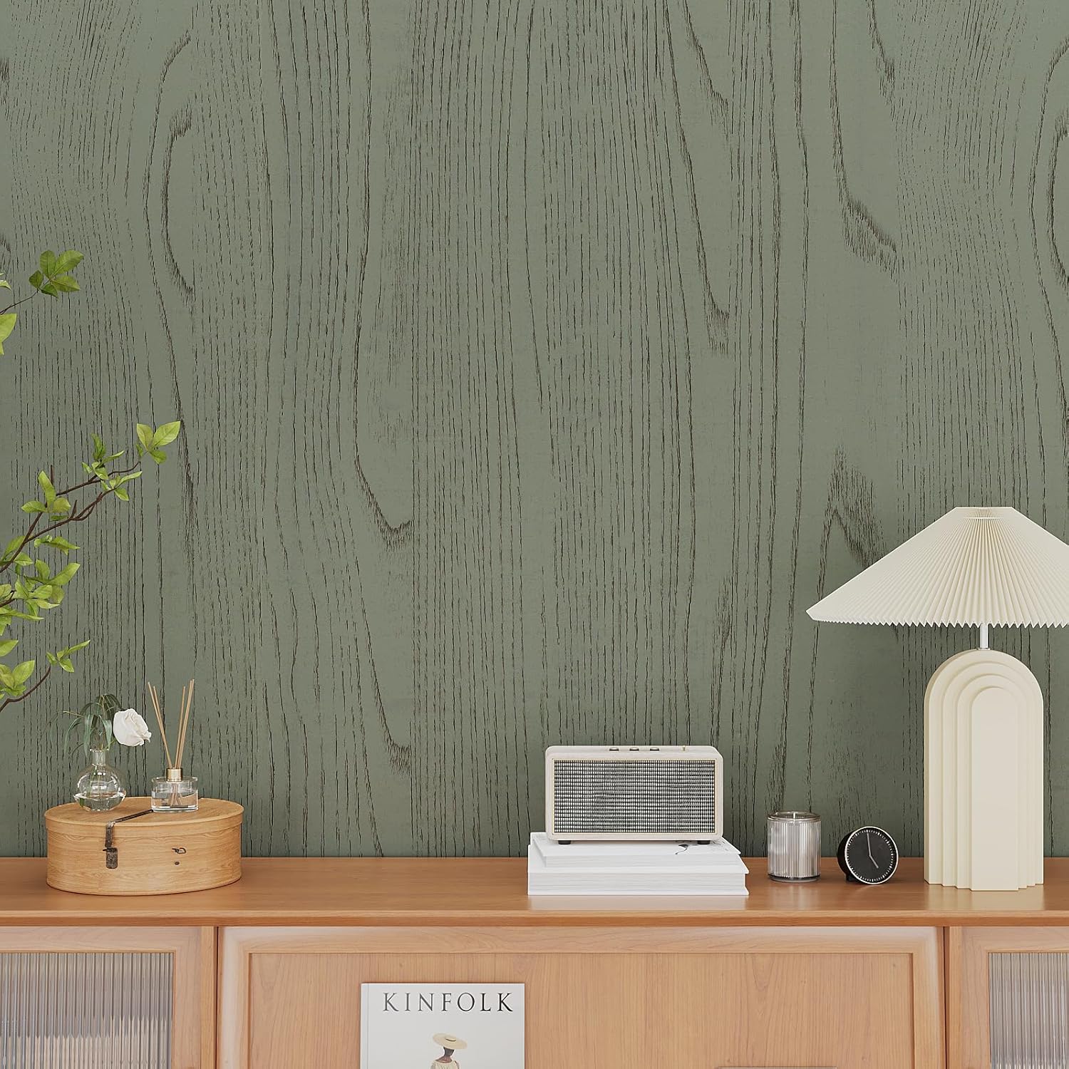 VEELIKE Green Wood Contact Paper Wood Wallpaper Peel and Stick Countertops Waterproof Wooden Grain Contact Paper for Cabinets 15.7''x354'' Self Adhesive Green Woods Vinyl Wrap for Kitchen Bathroom