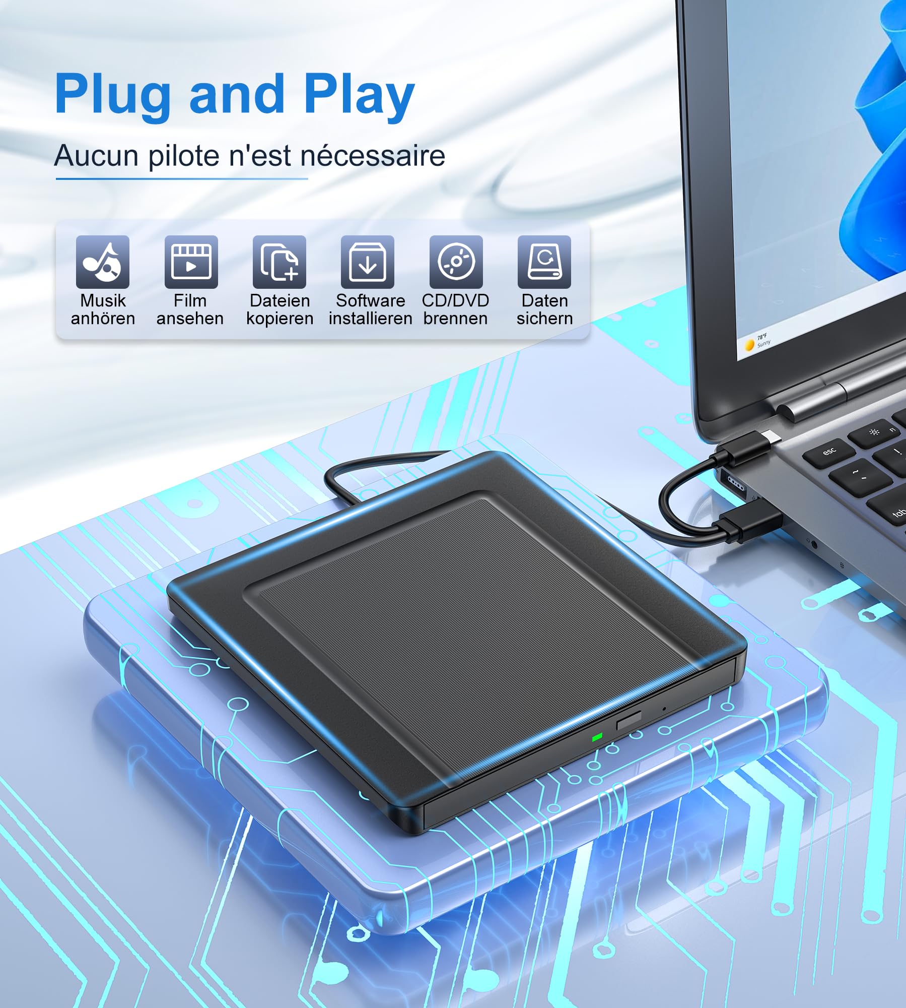 Lecteur CD/DVD externe Umaniy USB-C, un compagnon portable pour vos besoins optiques.