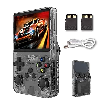 R36S handheld game console, 3.5-inch retro handheld video game console, built-in battery 15000+games, 64GB black.