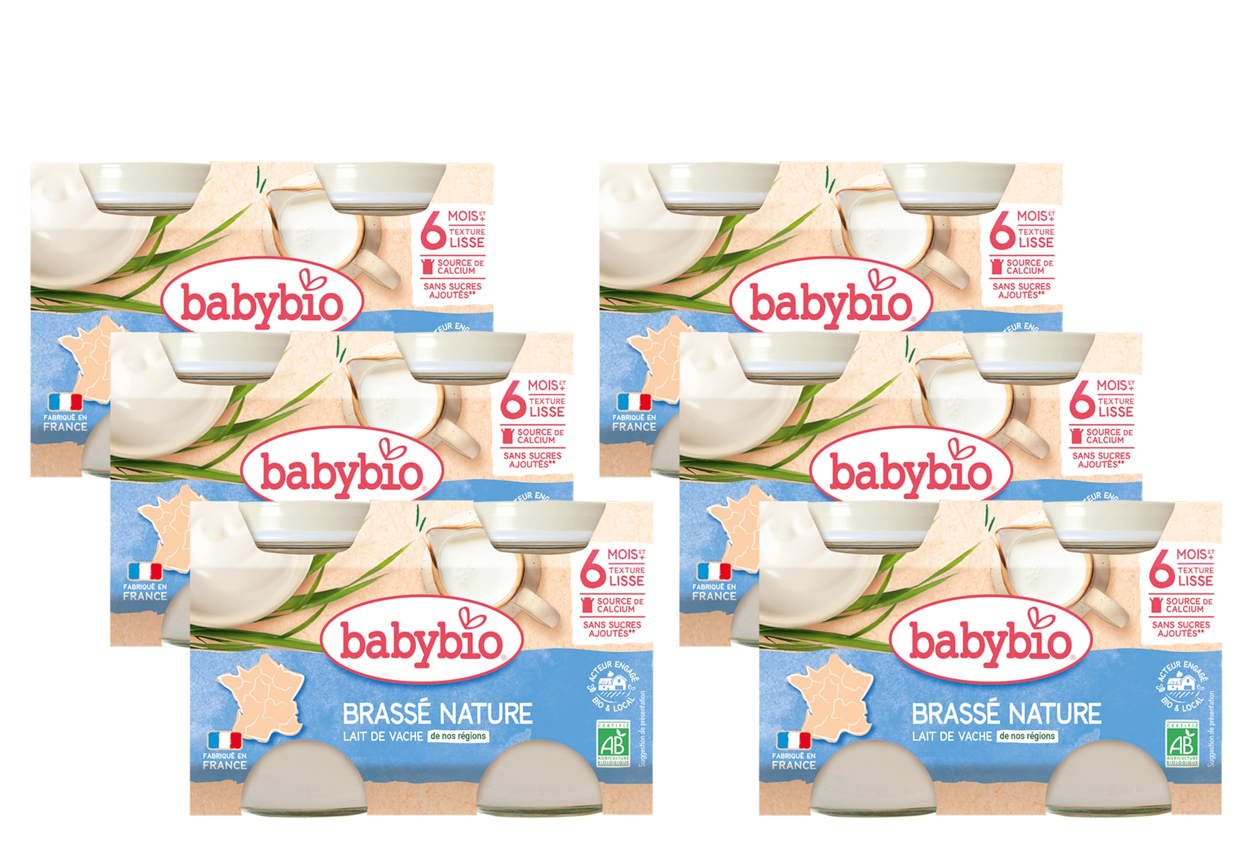 Babybio - Lait de Vache français - Petits Pots Brassé Nature 2x130g - 6 Mois - BIO - Lot de 6