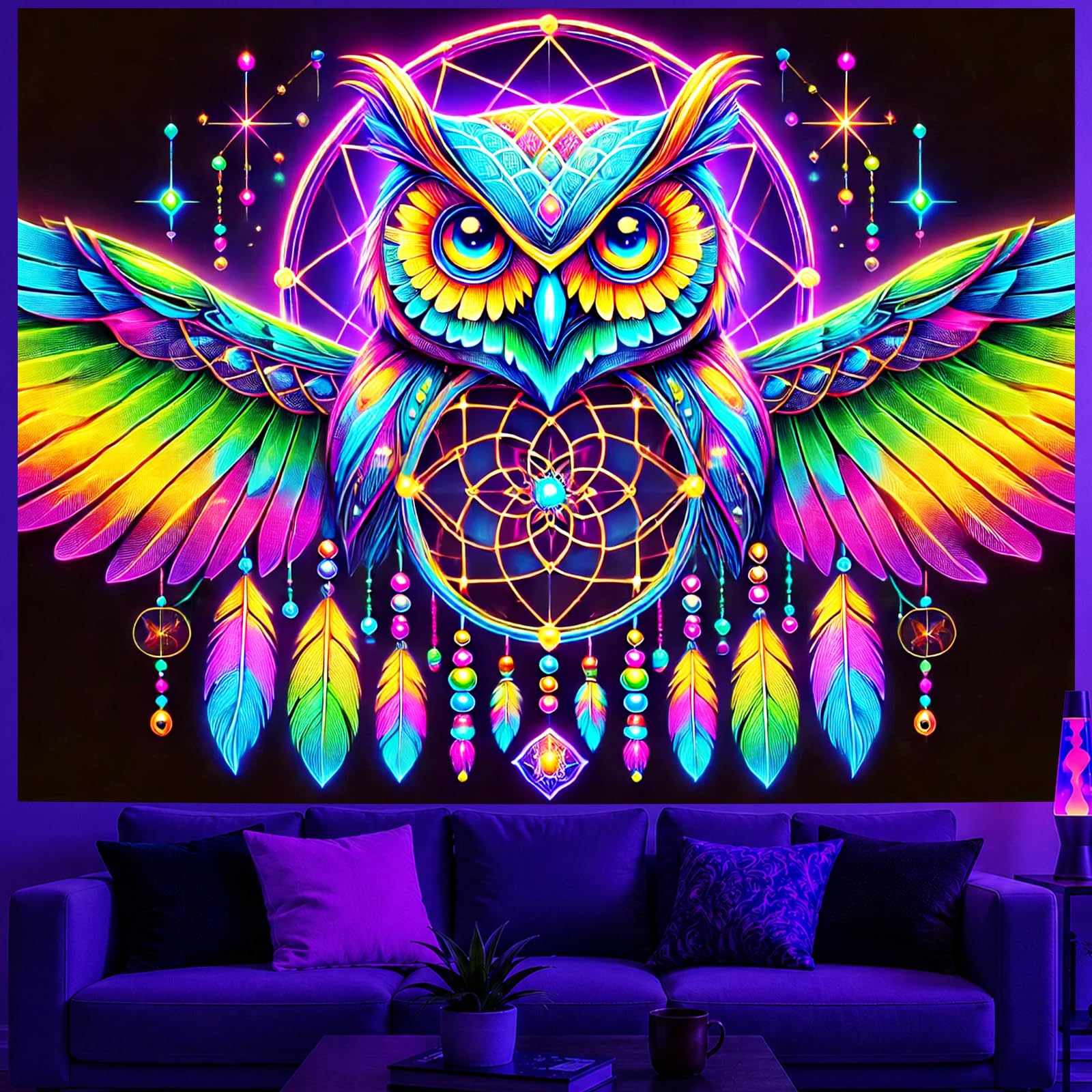 BlissYard Owl Tapestry Blacklight Tapestry 79x59 Inch Trippy Wall Hanging
