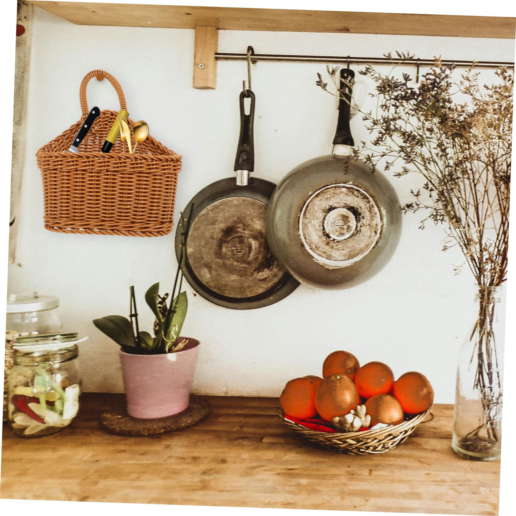 ORFOFE 3pezzi Cesta Appendi Cucina Plastica Intrecciata Contenitore Decorativo Per Posate e Cucina Stile Country Per Organizzare e Accessori