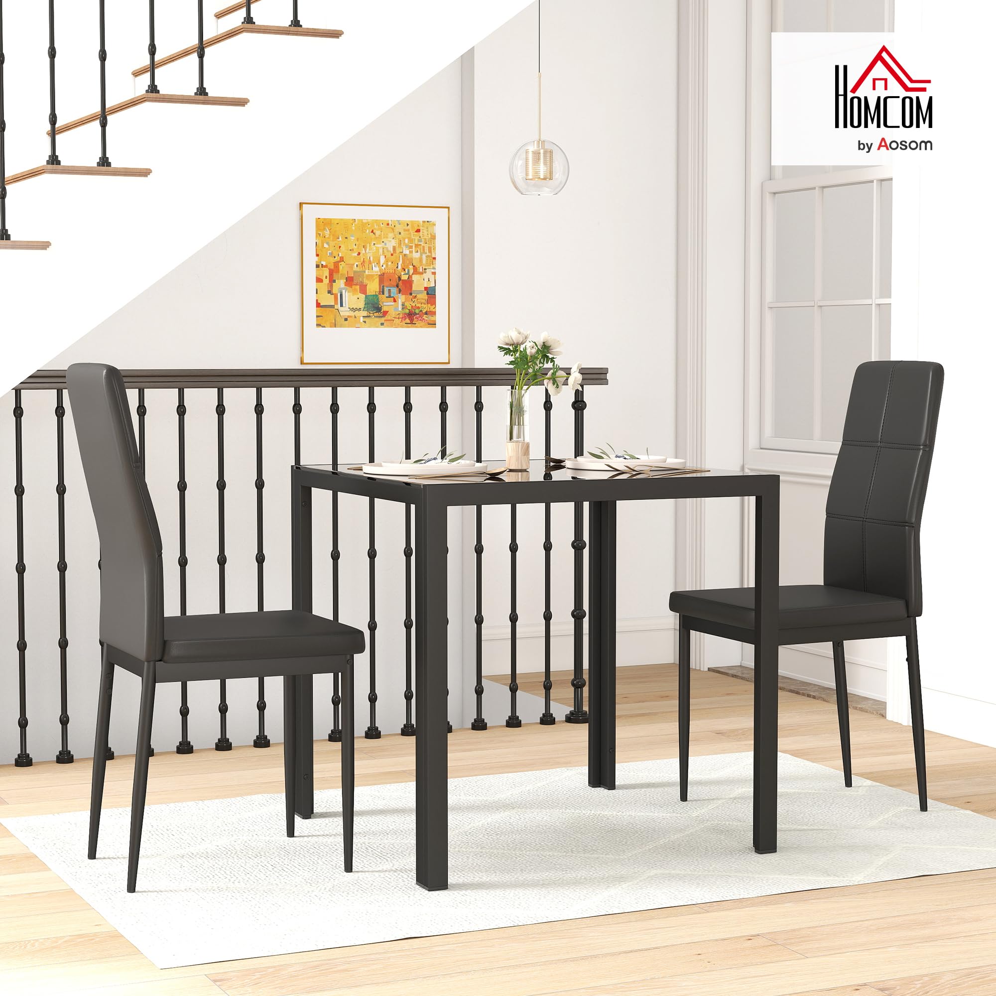 HOMCOM Essgruppe Esstisch mit 2 Stühlen Platzsparend Esszimmergruppe Sitzgruppe, Tischplatte aus Sicherheitsglas, Kunstleder Küchentisch-Set für Esszimmer, Küche Schwarz