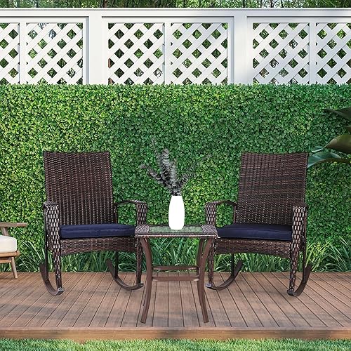 Miniatura 7 de Niubya Juego de 3 sillas mecedoras de mimbre para patio, sillas de mimbre para exteriores, juegos de conversación con cojines y mesa auxiliar, azul