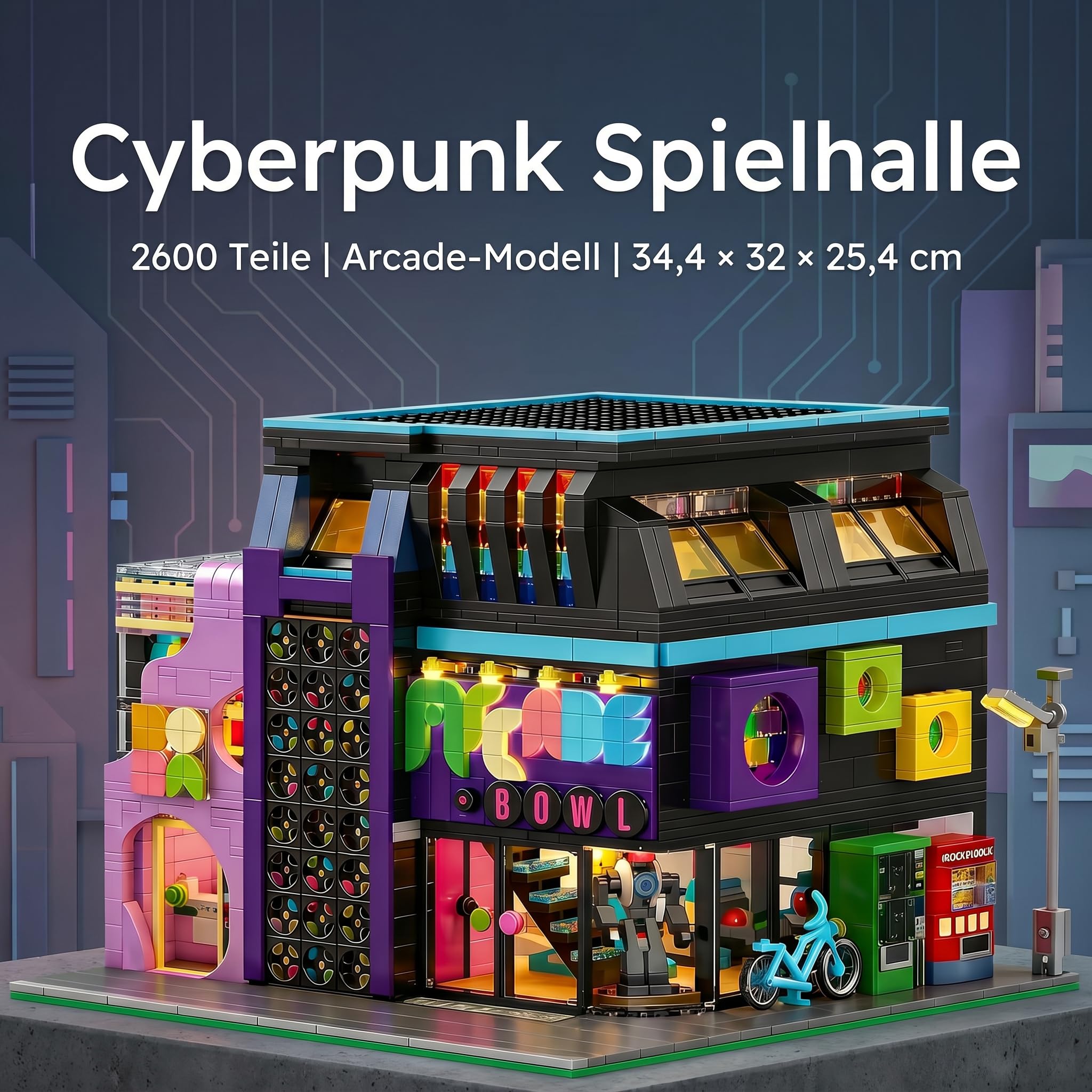 Klemmbausteine Cyberpunk Spielhalle, 2600 Teile | Retro Arcade Modular Building, Zukünftige Stadt Haus Bausatz für Erwachsene, Kompatibel mit Barweer BWR004