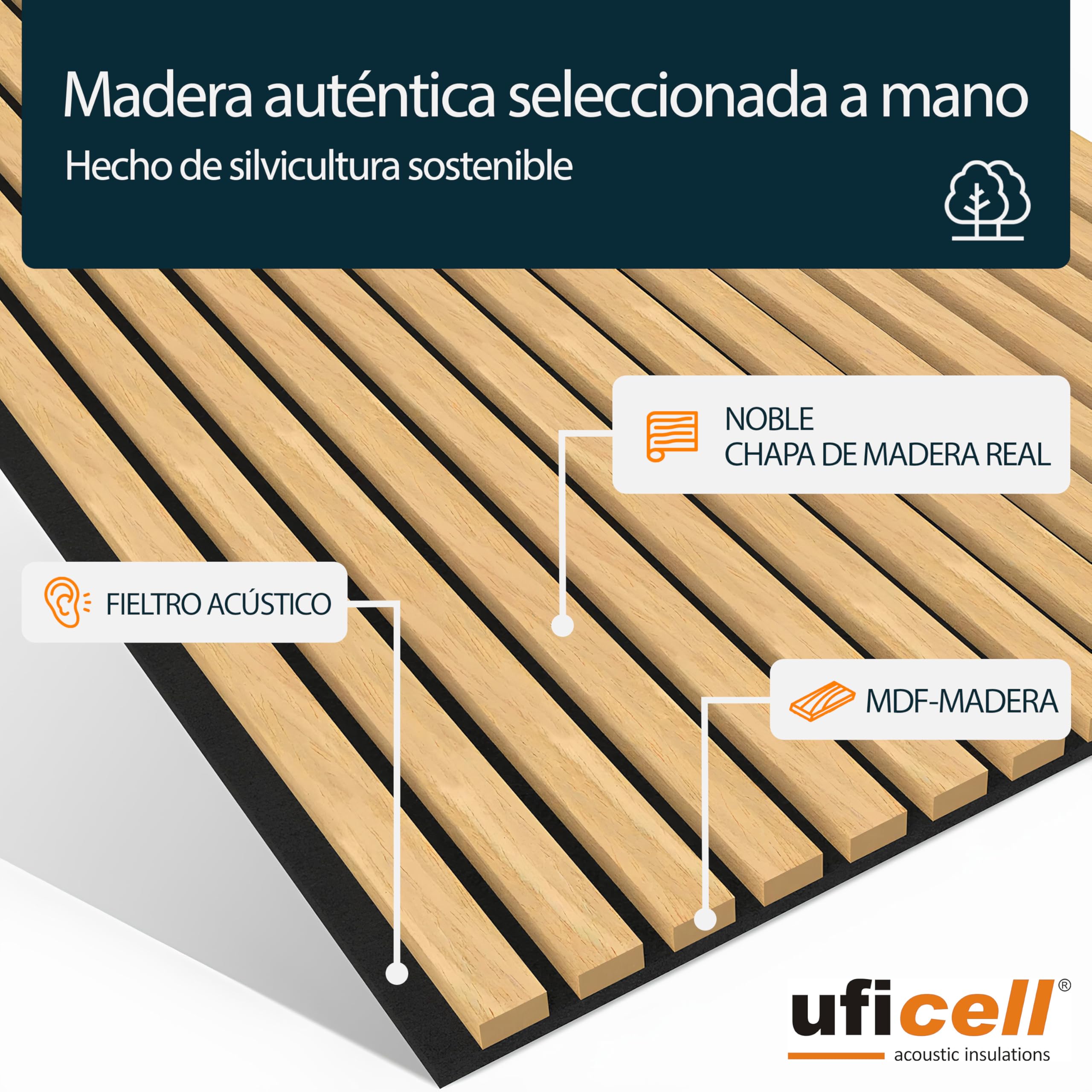 Paneles acústicos Roble Plateado, paneles de pared como revestimiento de pared, fieltro negro, superficie: madera auténtica, formato: 1000 x 480 mm, ancho de las láminas: 27 mm