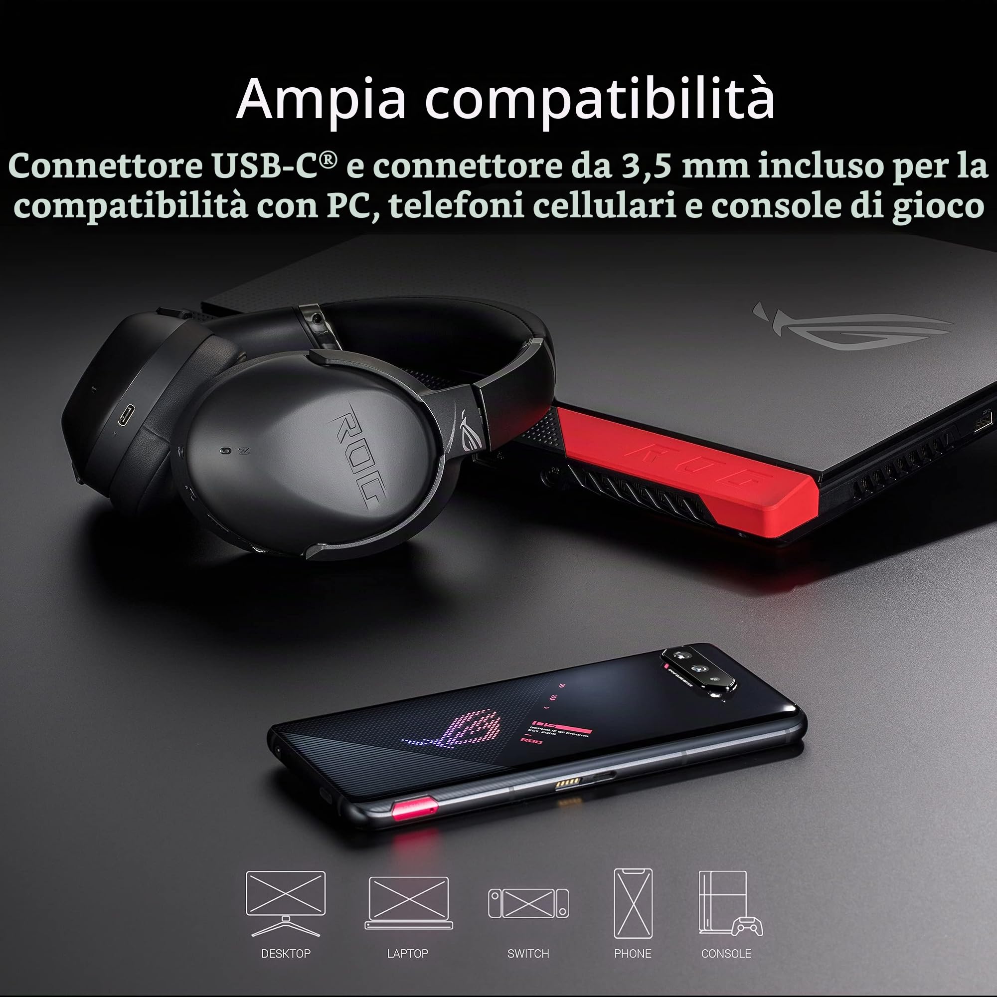 ASUS ROG Strix Go BT Cuffia Gaming Bluetooth, 3.5mm, Microfono Cancellazione Rumore, Tencologia Active Noise Cancelation, Per PC, PS4/PS5, Nintendo Switch, Xbox Serie X/S e Dispositivi Mobile, Nero