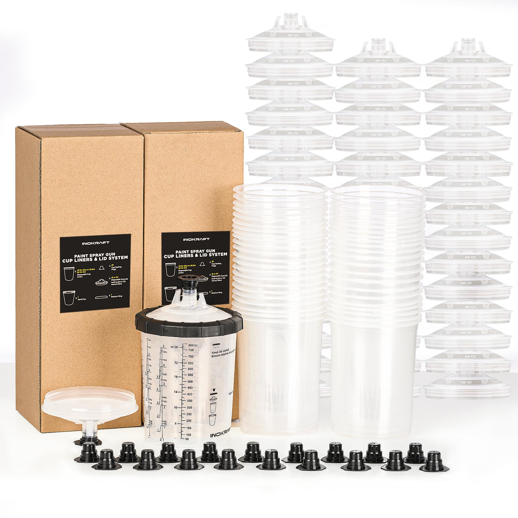 InoKraft Kit Pistola A Spruzzo Usa E Getta 200ml - Sistema HVLP/LVLP Con 50 Rivestimenti, 50 Coperchi Filtranti, 20 Tappi E 1 Tazza Rigida - Miscela, Spruzza E Conserva - copertina