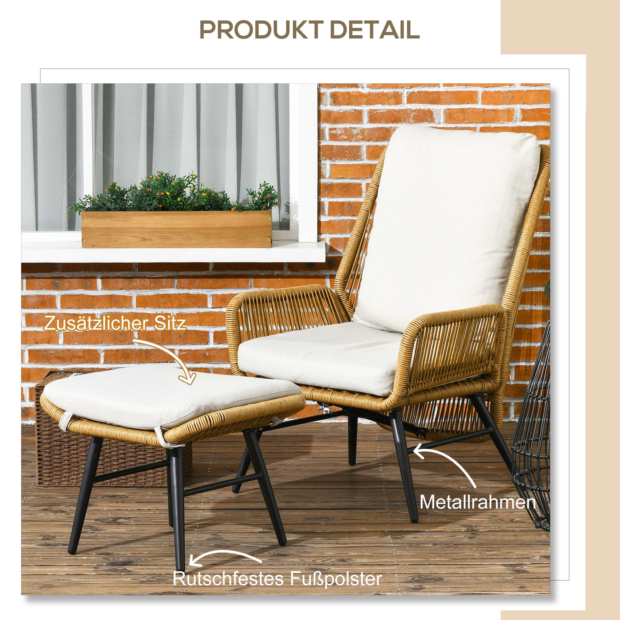 Outsunny Rattan fotel relaksacyjny z podnóżkiem, fotel ogrodowy z regulowanym oparciem, krzesło rattanowe z poduszką, do ogrodu, na balkon, stal, poliester, naturalny