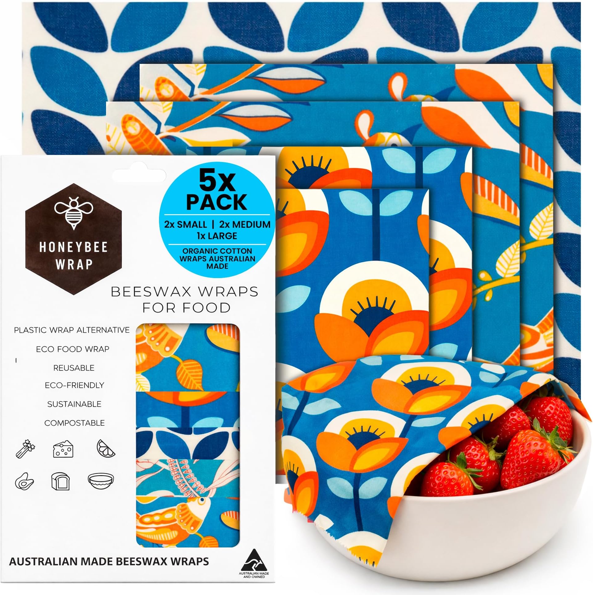 Honeybee Reusable Beeswax Wraps for Food | 5 Pack | Handmade in Australia | Eco Friendly, Organic, Biodegradable, Bee's Wrap for Bowl Covers and Food Storage | Reusable Cling Wrap