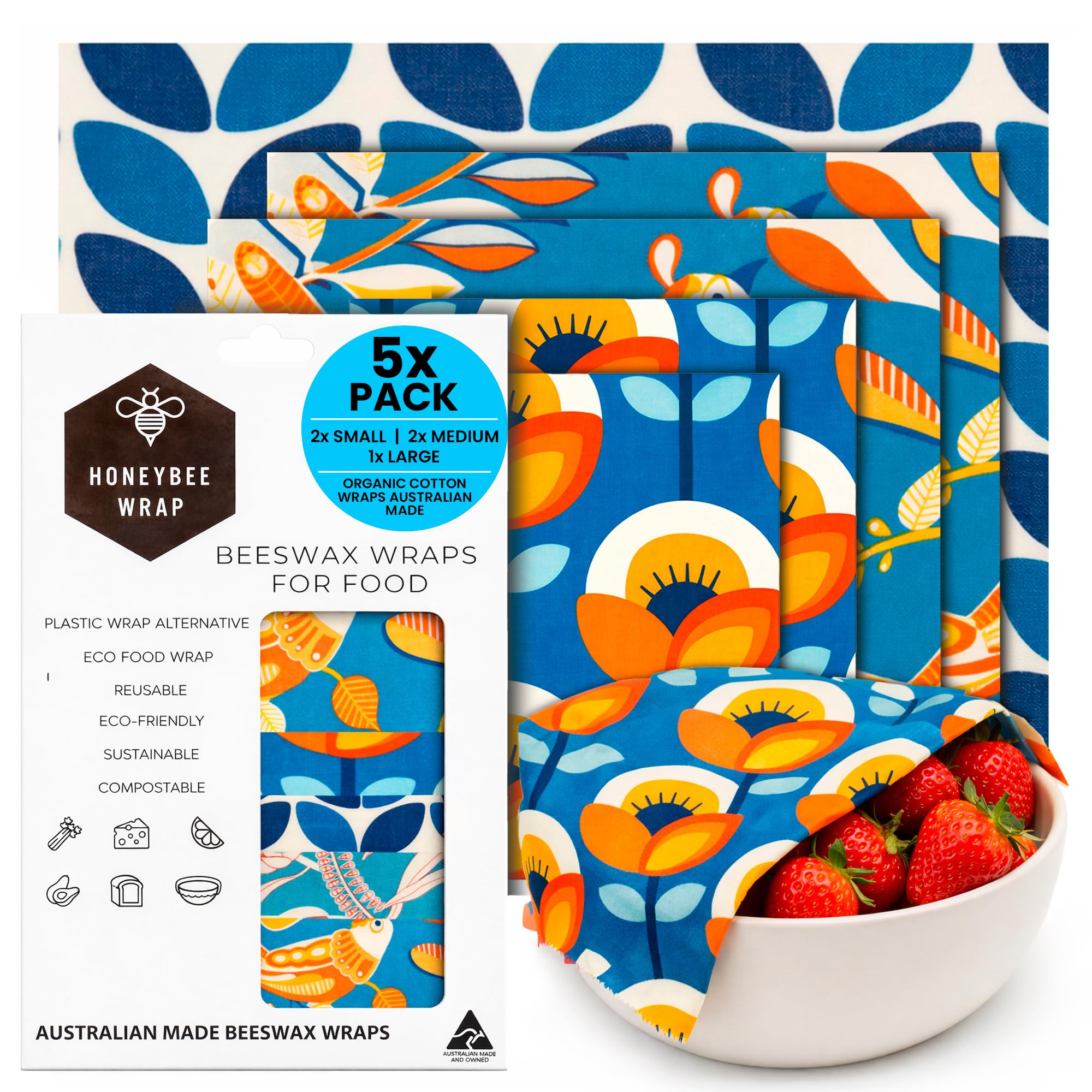 Honeybee Reusable Beeswax Wraps for Food | 5 Pack | Handmade in Australia | Eco Friendly, Organic, Biodegradable, Bee's Wrap for Bowl Covers and Food Storage | Reusable Cling Wrap