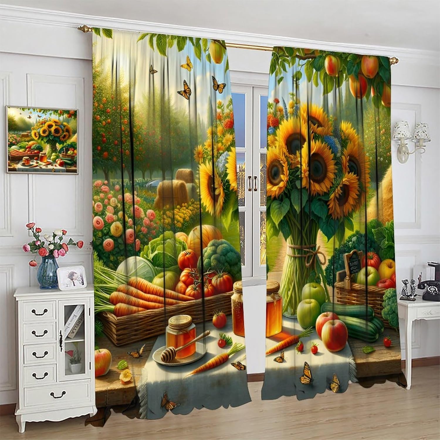 Farmhouse Fruit Garden Curtains, Rustic Vintage Sunflowers Apple Trees Fresh Vegetable Honey Window Curtains for Kitchen Cafe Bedroom, 42x54in (No Blackout)