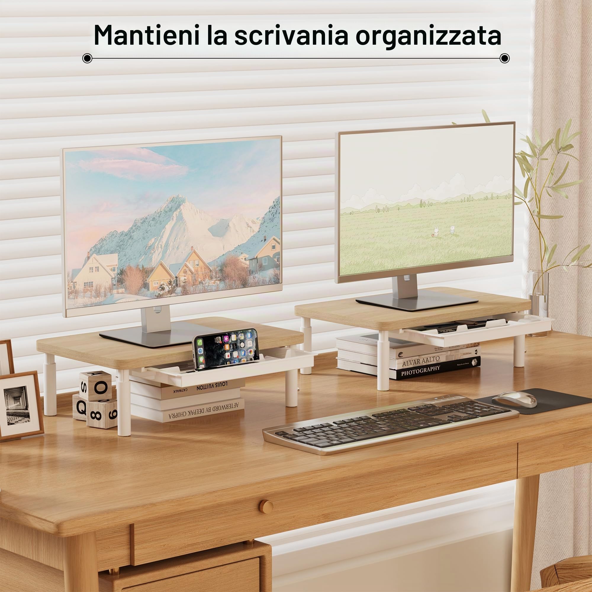 ETHU Supporto per Monitor con 3 Altezze Regolabili Carico Fino a 20KG，con cassetto portaoggetti, organizer da scrivania per ufficio e casa, supporto ergonomico per stampante computer, laptop PC iMac