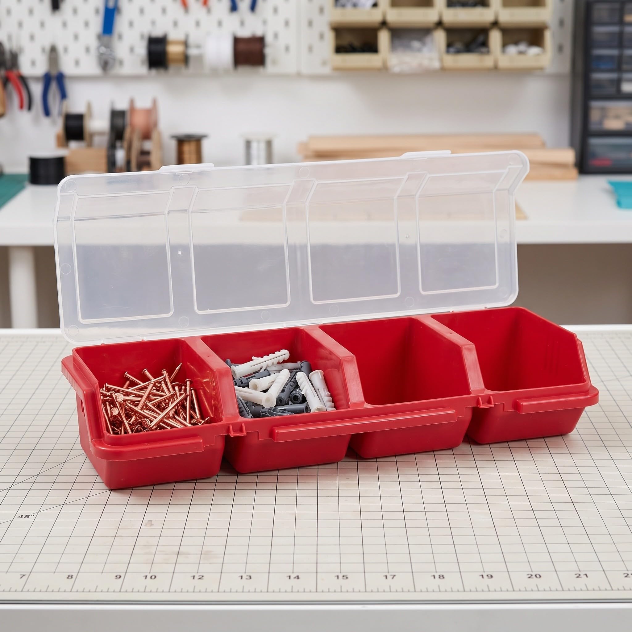 Set di 4 organizer per piccoli componenti - Valigetta portatile per riporre ferramenta con 4 divisori, coperchio trasparente e cassetta degli attrezzi per viti, bulloni, chiodi, elementi di