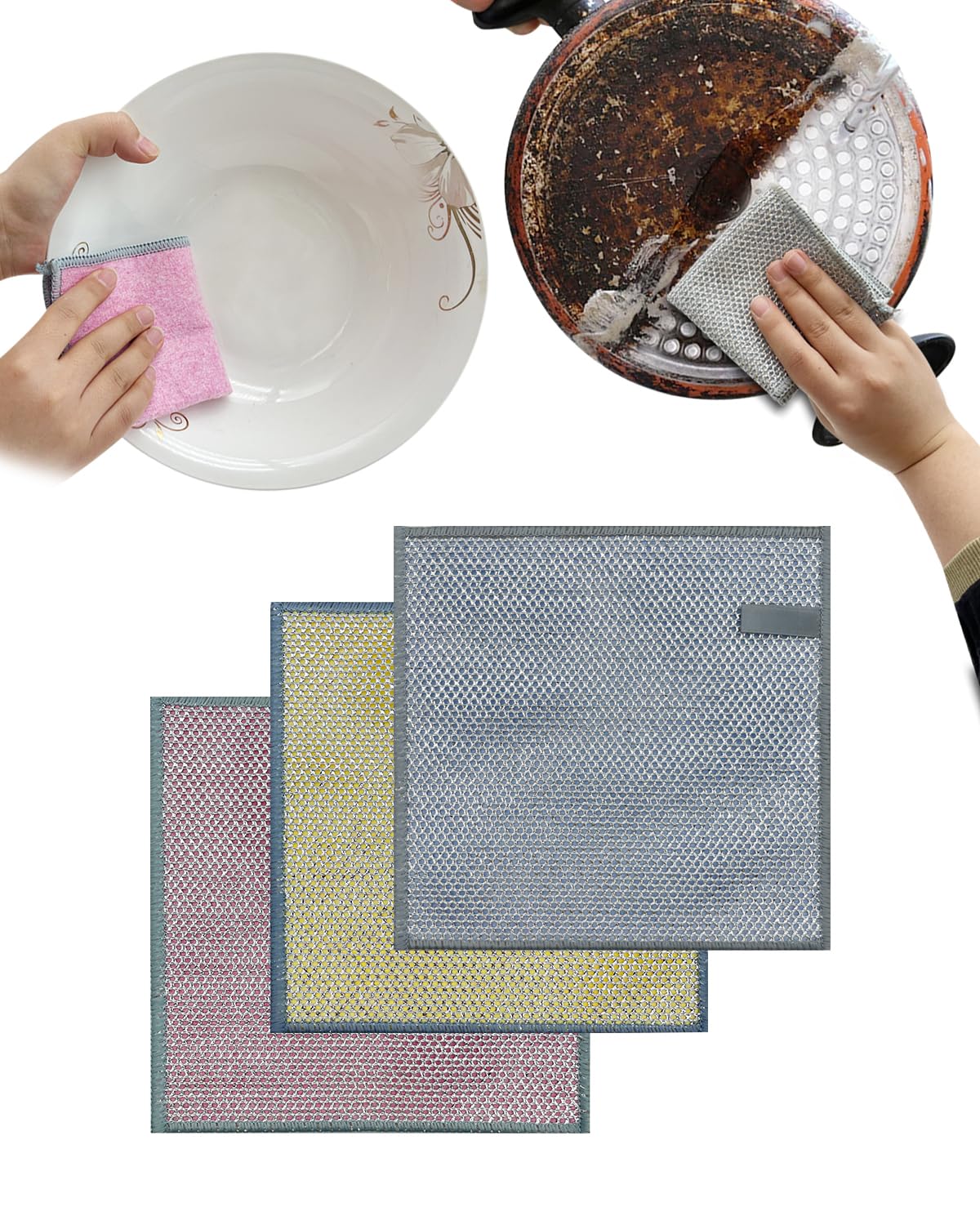 EGZ2024 New Multi-Purpose Wet and Dry Double-Layer Steel Wire Dishcloths, 3 Pieces Multi-Purpose Steel Wire Dishcloths, Reusable, Suitable for Tableware, Stoves, Dining Tables (3 p)