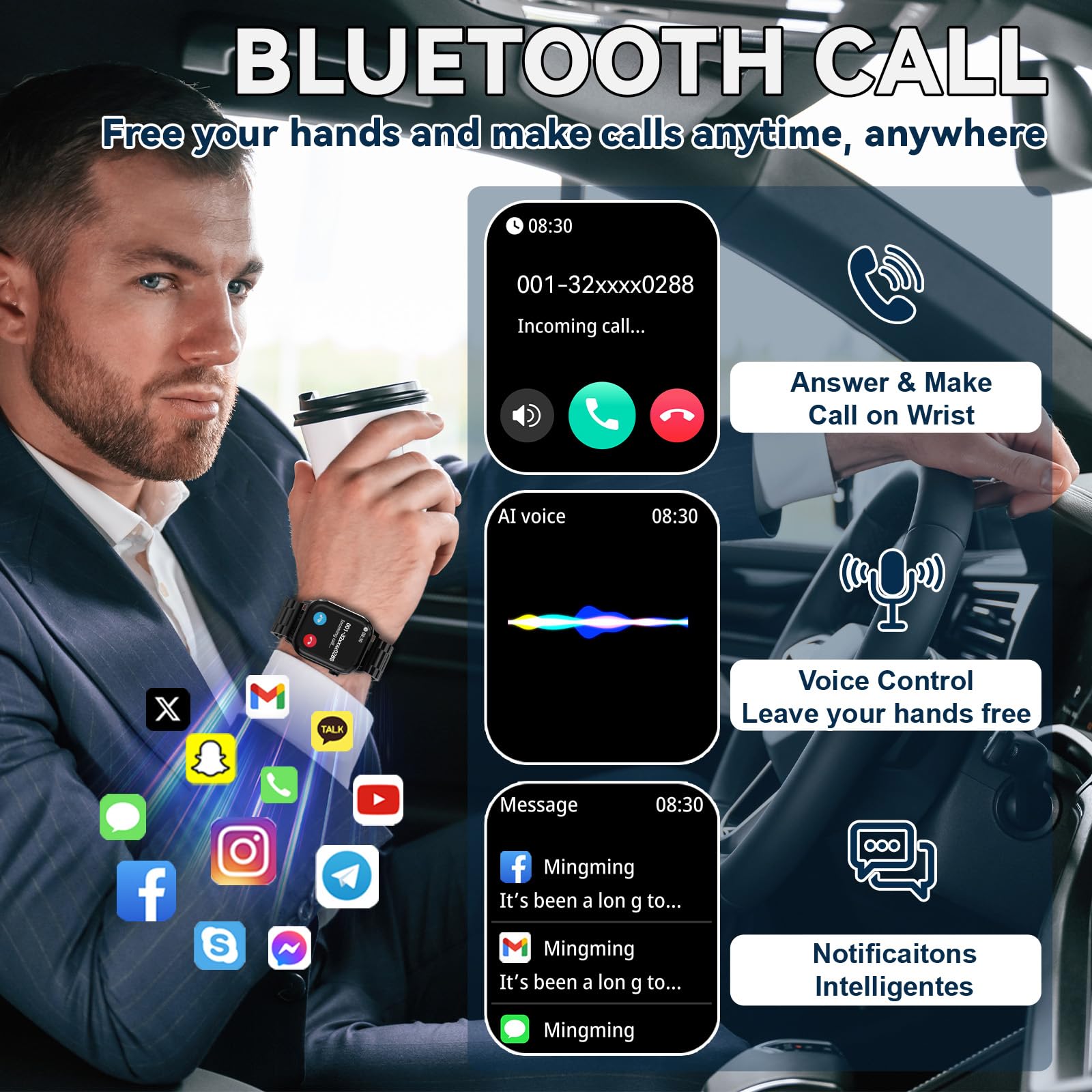 Smartwatch Uomo Donna con 2 Cinturini, 1.85" Orologio Digitale con Rispondi/Effettua Chiamate, 100+ Modalità Sportive Fitness Tracker con Monitoraggio del Sonno/Contapassi per IOS/Android