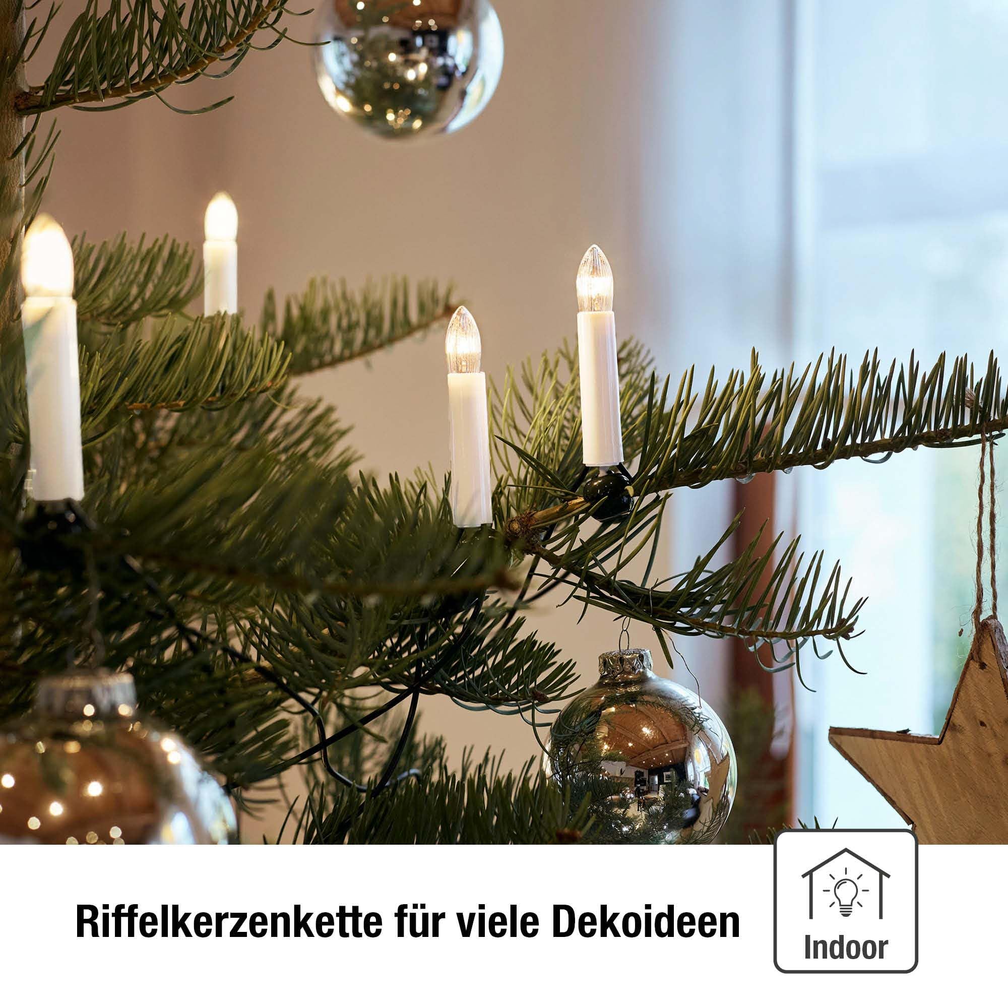 hellum Lichterkette, Made in Germany, Riffelkerzen mit Clip, 20 Lichter, beleuchtete Länge 13,3 m, warmweiß, Schaft weiß, für Innen, teilbarer Stecker, 3 Ersatzkerzen, kein LED <59lm 430127