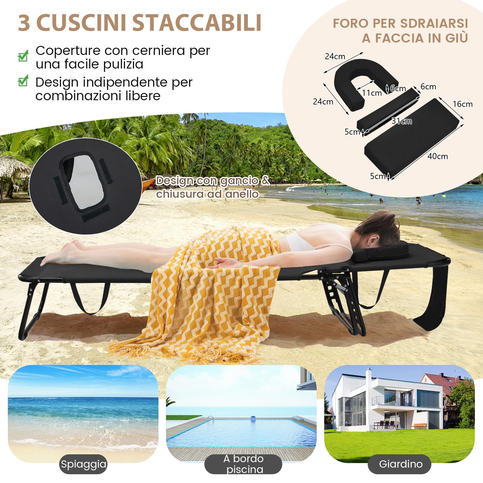 COSTWAY Lettino Prendisole Pieghevole da Spiaggia (1, Nero) | Sedia a Sdraio da Mare con Schienale Regolabile 5 Posizioni, Foro per il Viso e 3 Cuscini Rimovibili, Portata 160kg