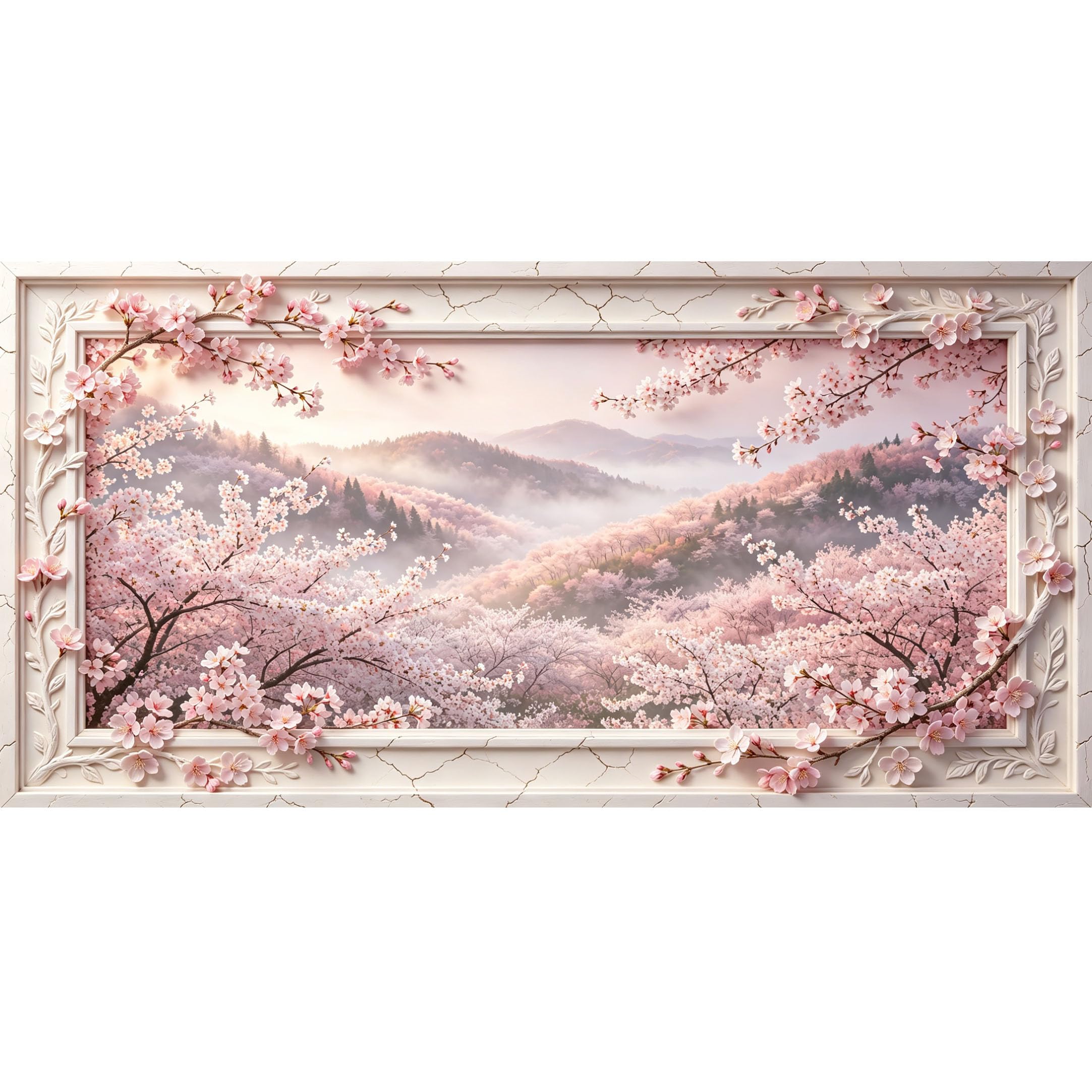 Agglomerix 3D Framed Wall Art Cherry Blossom Mountain Landscape Botanical 3D Trompe l'oeil Large Size SelfAdhesive Removable Wall Decor Prints Artwork for Living Room Bedroom Office