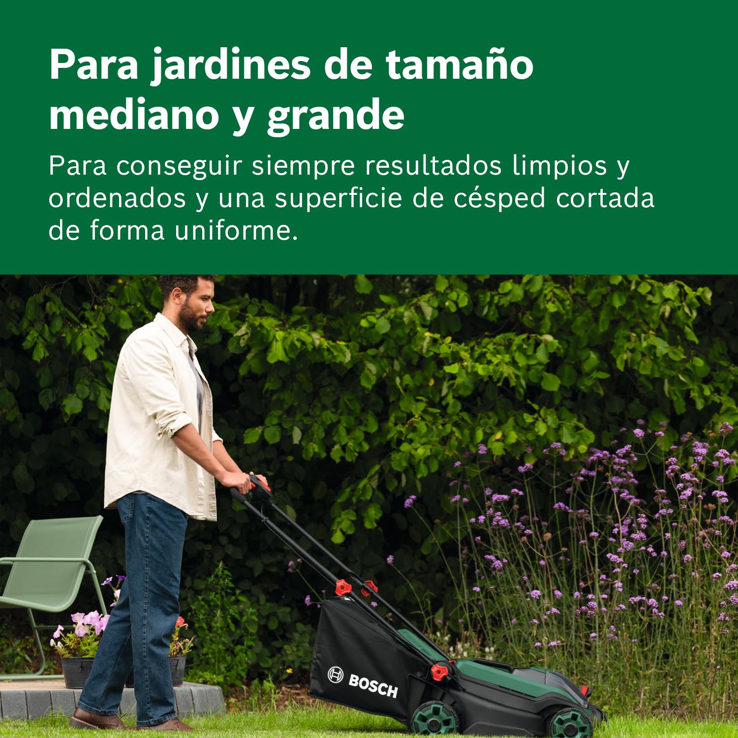 Bosch cortacésped a batería ROTAK18V2-38 (anchura de corte: 38 cm, altura de corte: 30-75 mm, cesto de tela de 40 l, tapón para triturado, incluye 2 baterías de 18V y cargador)