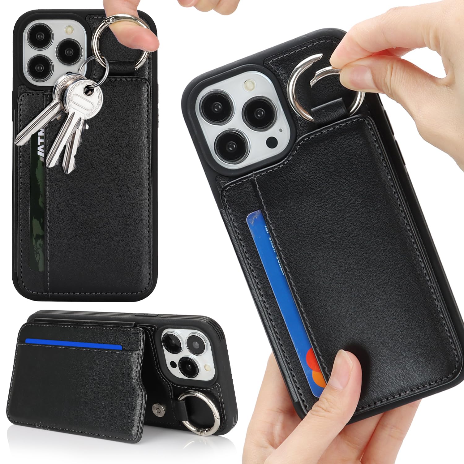 Ｈａｖａｙａ Designed for iPhone 16 Pro Case, Black Back Flip Wallet with Magnetic Clasp, 4 Slide-in Card Slots, Ring Stand & Keychain, Shockproof Cover