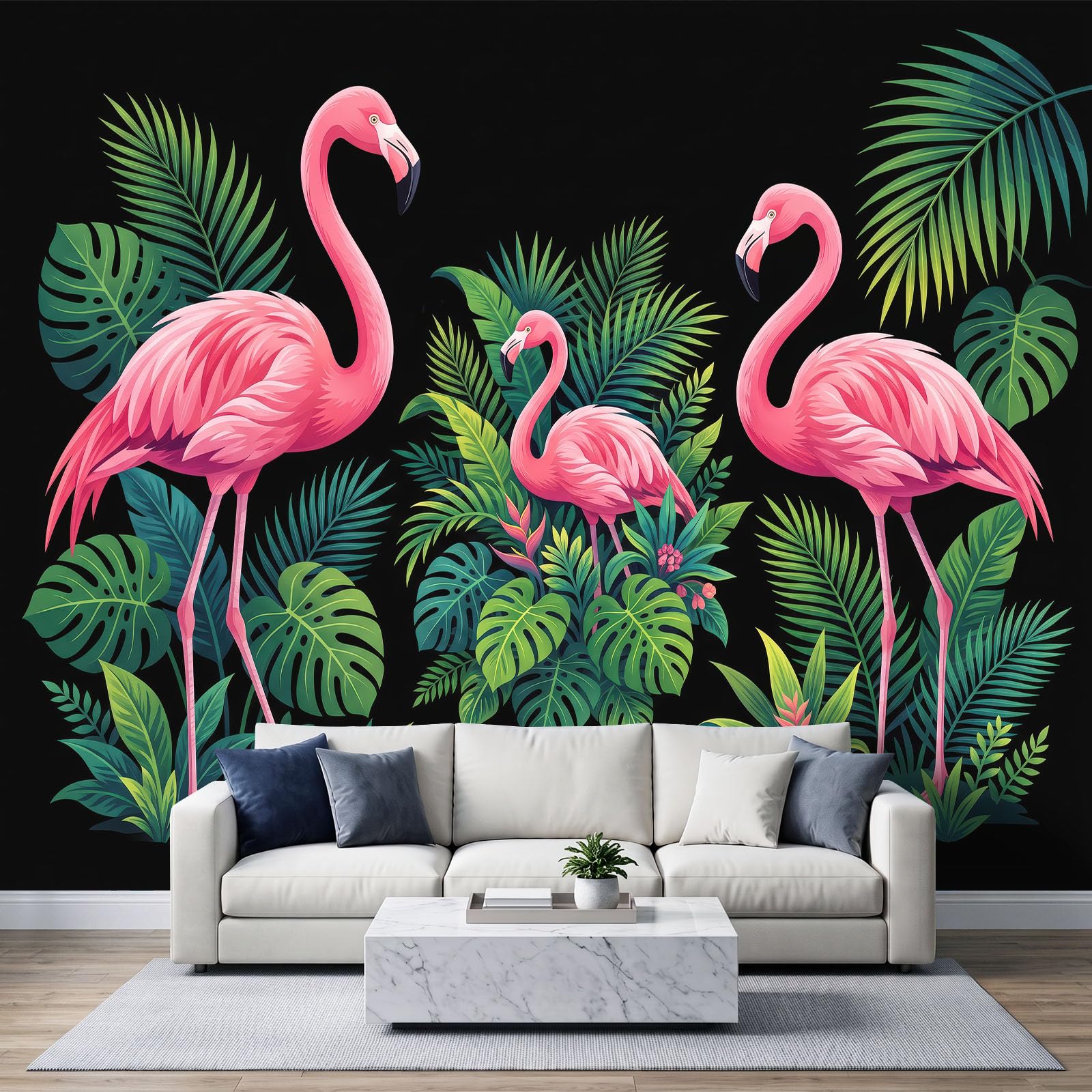 Fototapeta z włókniny, flaming, monstera, liść palmy, 200 x 140 cm, tapeta