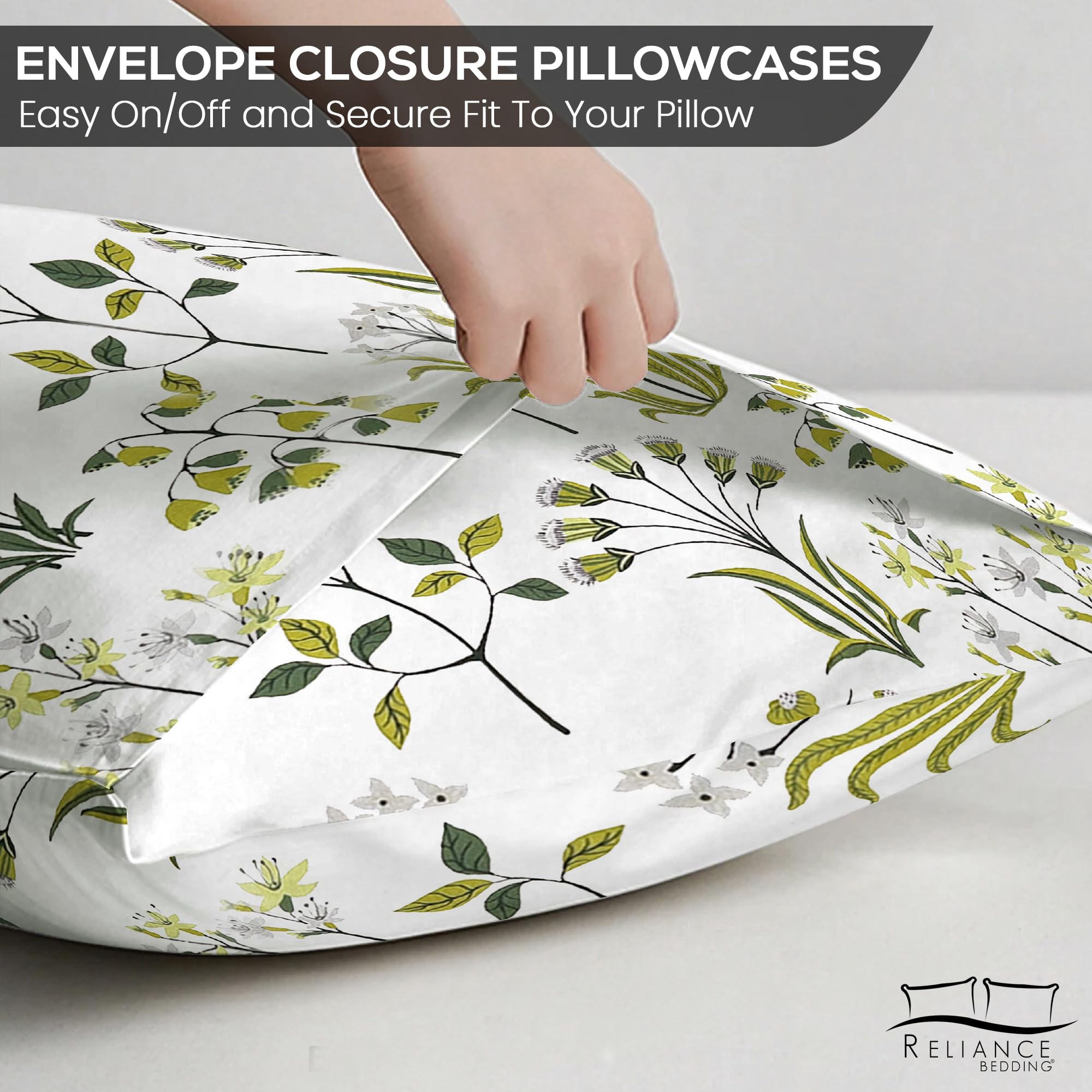 100% Cotton 400 Thread Count Double Duvet Cover Set Printed Floral, Fern Green - Image 5
