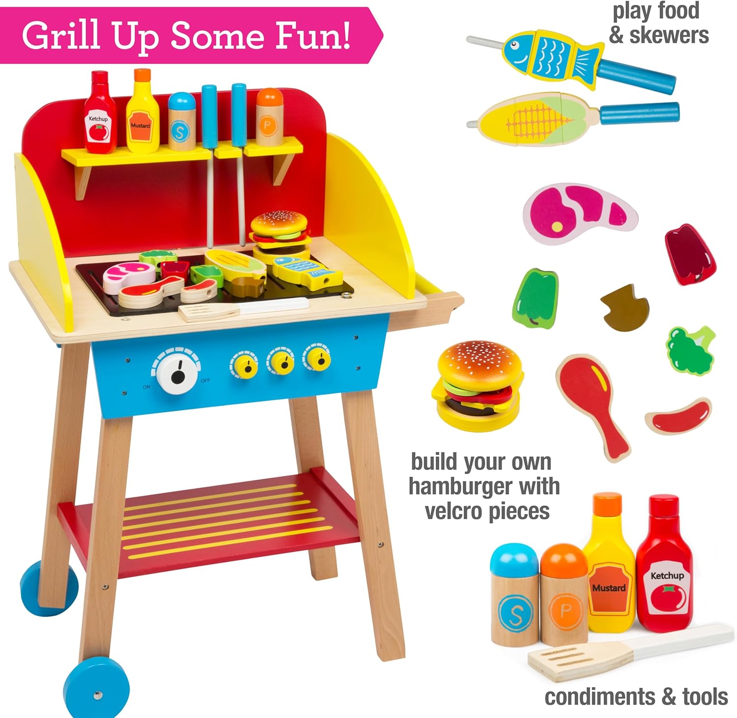 Close-up of the Svan BBQ grill with various wooden food items and condiments