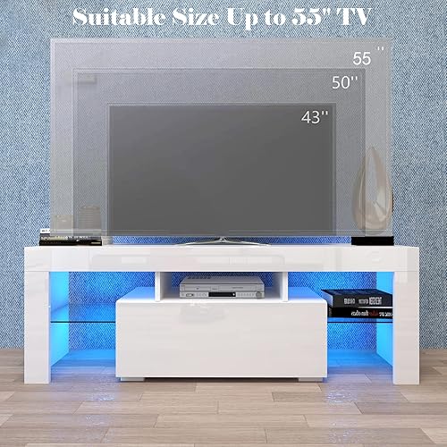 Miniatura 6 de SSLine Soporte de TV LED brillante con luces LED RGB de 16 colores, consola de almacenamiento de medios moderna con un cajón, mueble de televisión