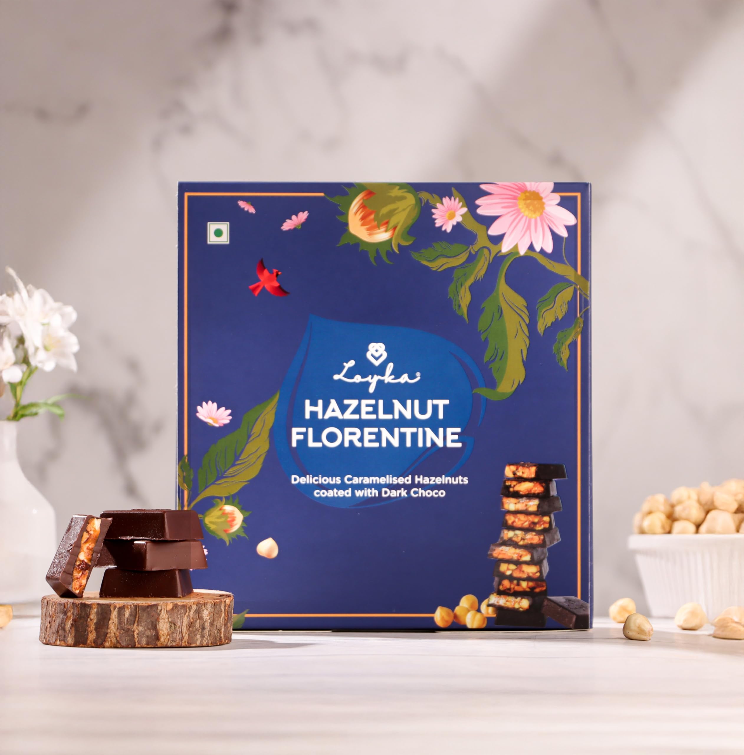 Loyka Hazelnut Florentine Box - 12 pcs | Premium Chocolate Gift Hamper | Choco & Nut Dryfruit Delicacy | Caramalised Hazelnuts coated with Dark Choco | Any-time snack