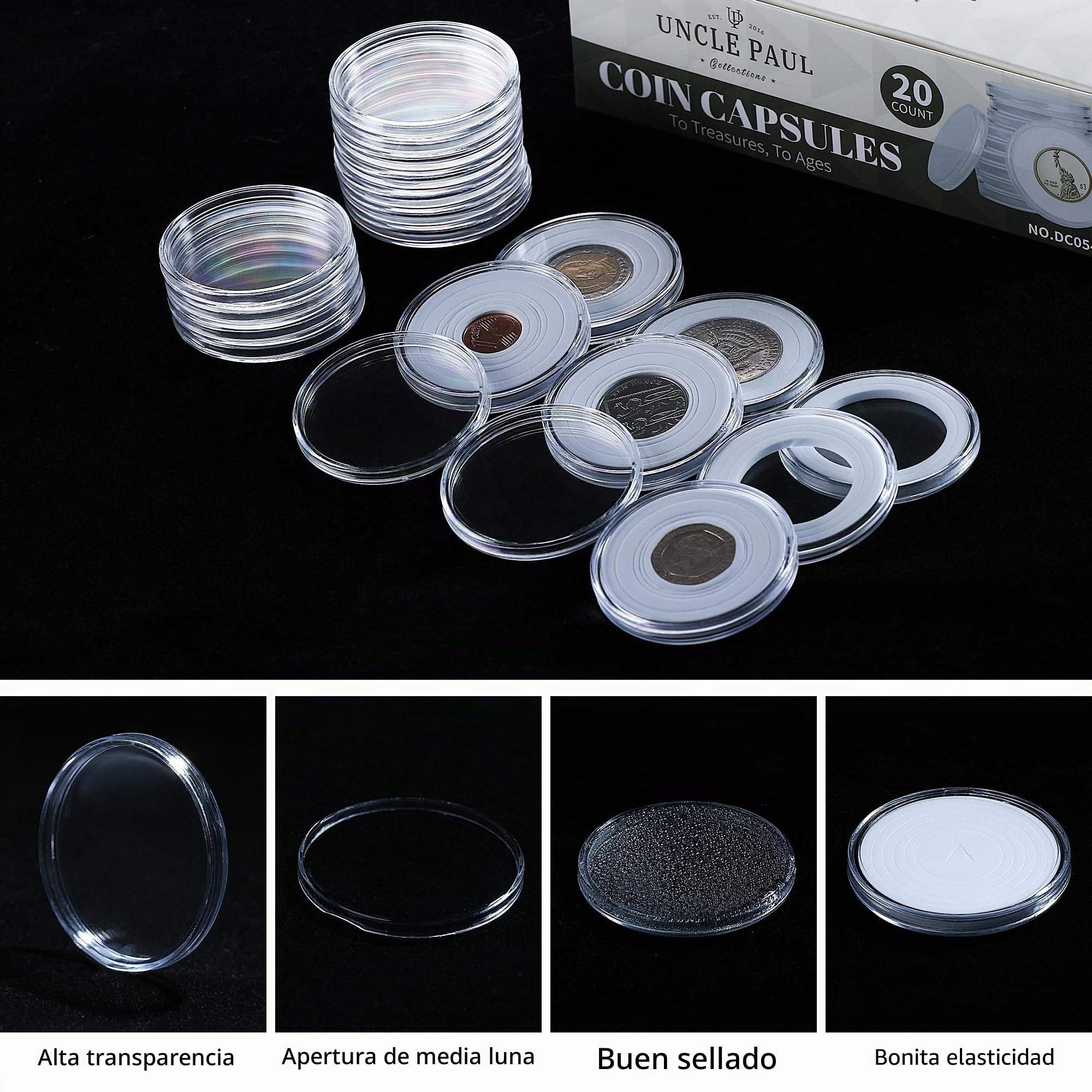 Uncle Paul 20 Juegos de cápsulas para Monedas de 46mm con 6 tamaños (20/25/30/35/40/46mm), Juntas de Espuma, Estuche Protector para Monedas, Protector para colección de Monedas