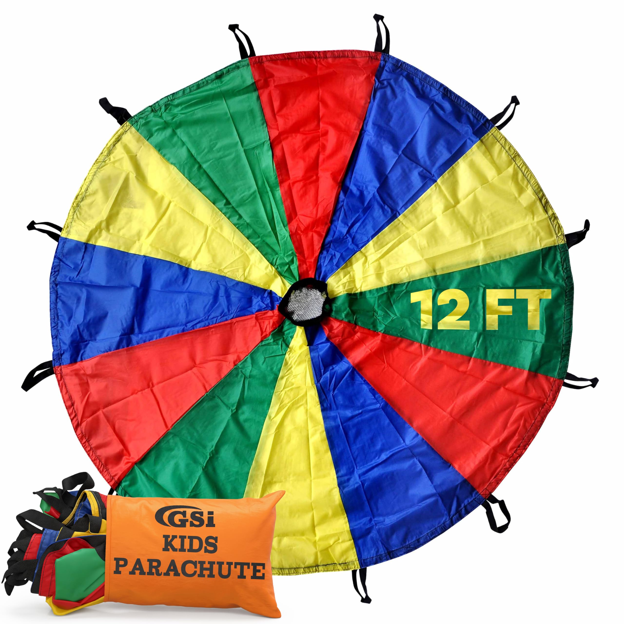 GSi Kids Play Parachute Rainbow Parachute Toy Tent Game for Children Gymnastics Cooperative Play and Outdoor Playground Activities (12 Feet)