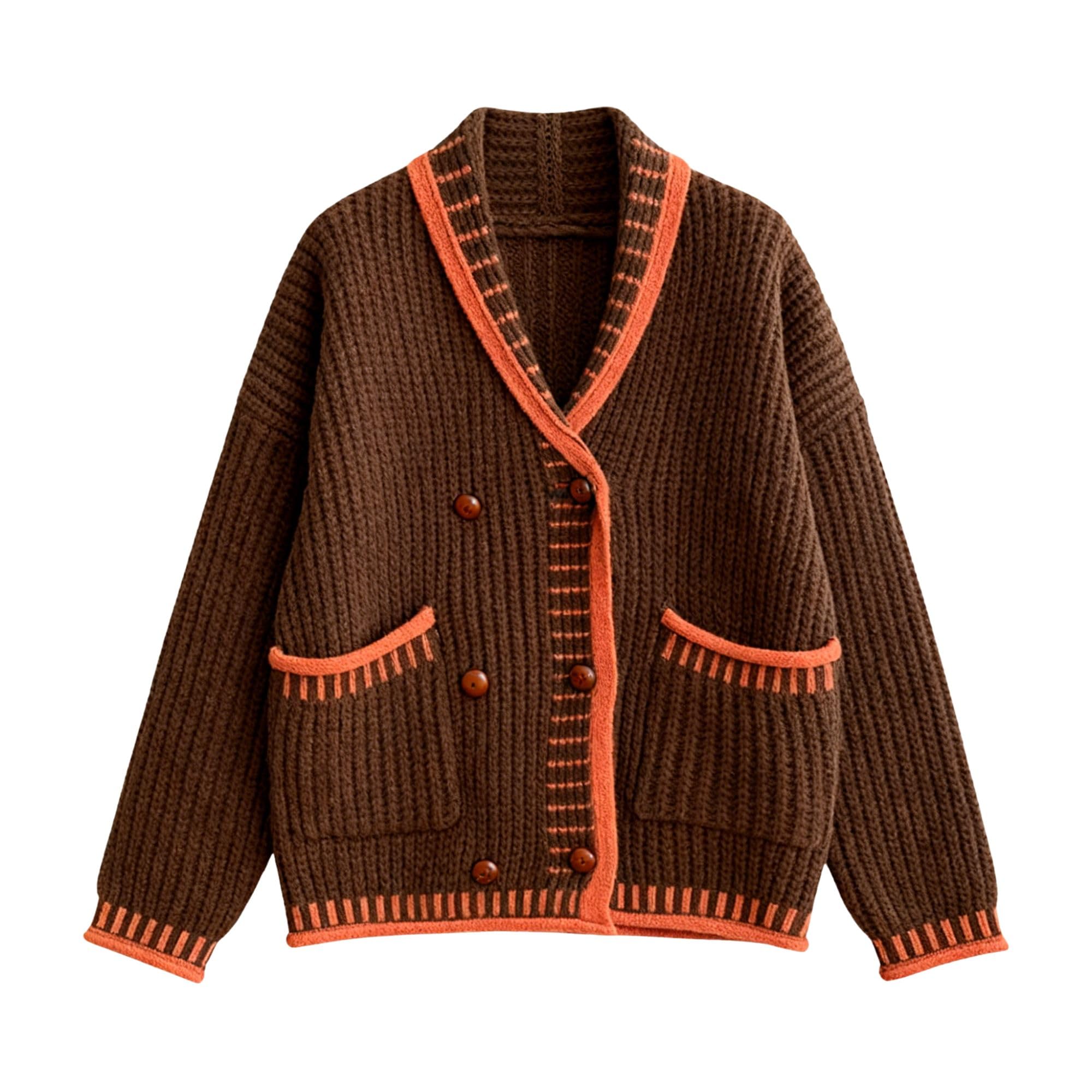 Chevara Womens Stylish Chunky Knit Cardigan Sweater Turn Down Collar Long Sleeve with Contrast Color Pocket Knit Coat