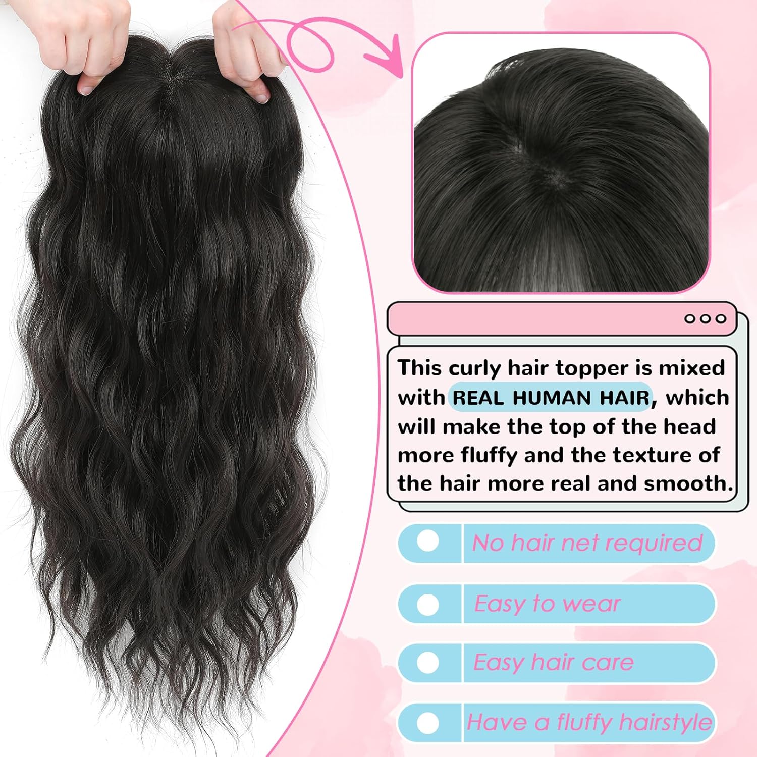 Hair Toppers for Women, 20 Inch Hand Tied Breathable Toppers Hair pieces for Women with Thinning Crown Wispy Bangs Mix Human Hair Clip in Curly Lightweight Wiglets (Dark Brown, Wispy Bangs)