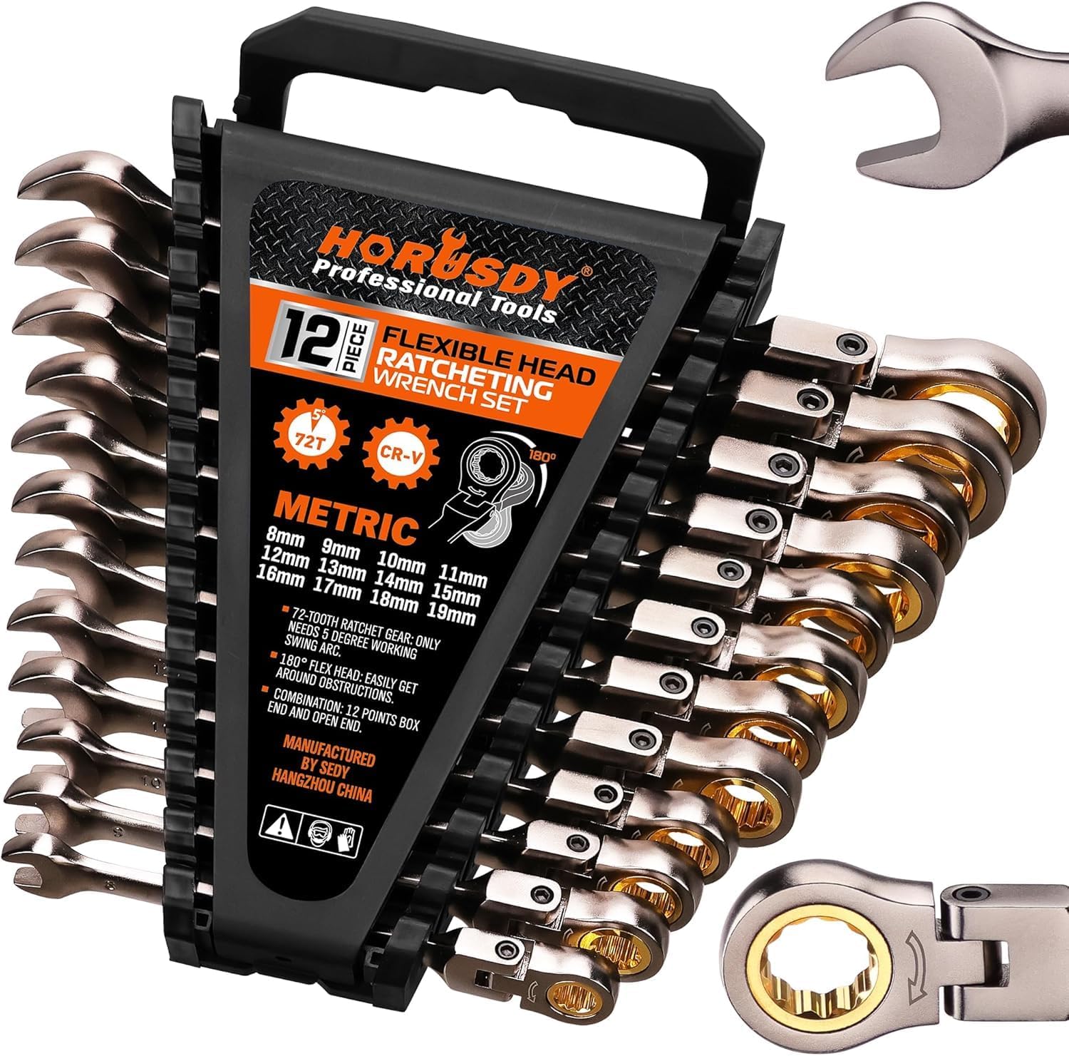 HORUSDY Set di chiavi combinate a cricchetto metriche da 8-19 mm, con organizer, 72 denti, in acciaio al cromo vanadio, 12 pezzi