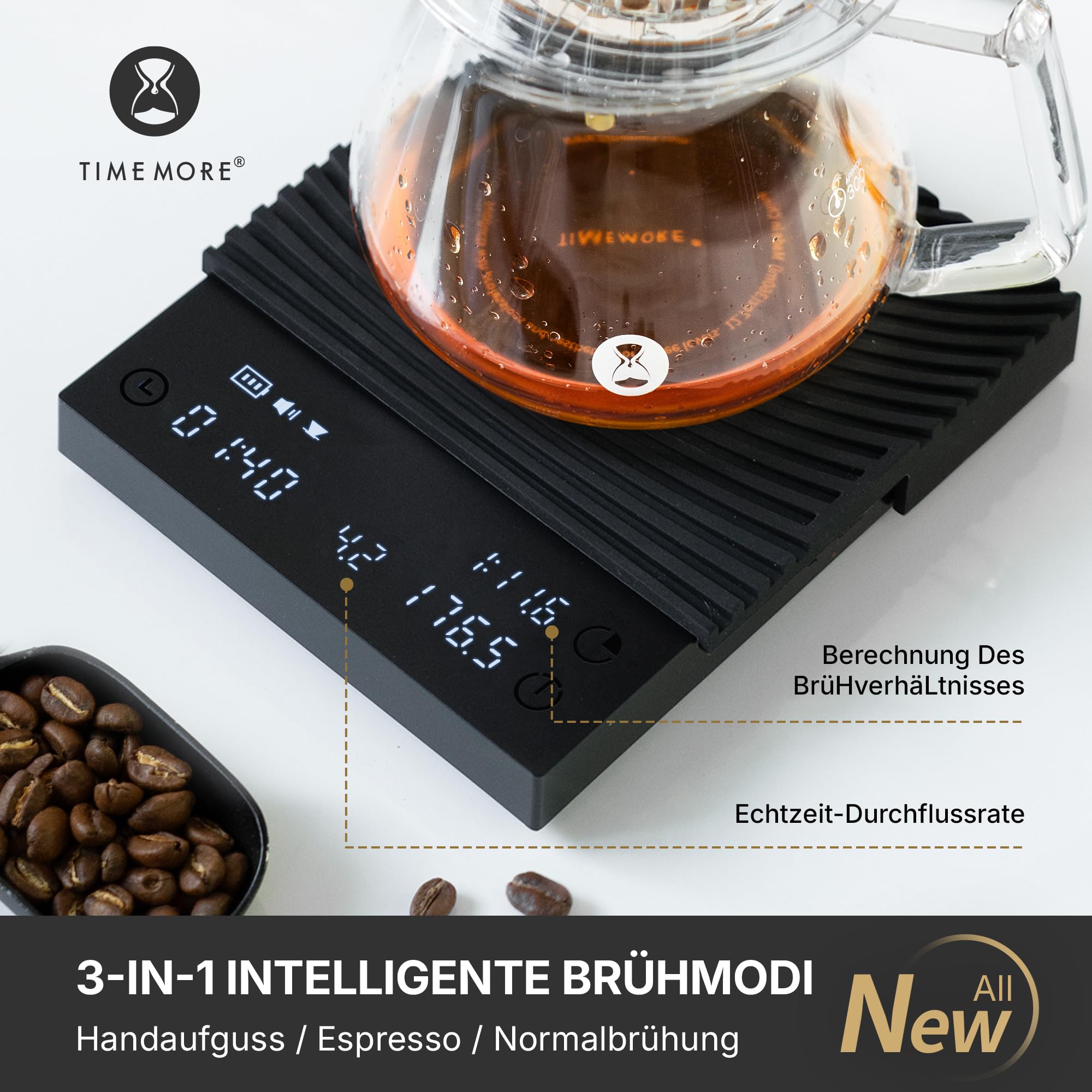 TIMEMORE Black Mirror Basic 3 Kaffeewaage Für Pour-Over & Espresso, Mit Timer, 2kg/0,1g Hochpräzise Digitale Waage Mit 3 Brühmodi & Verhältnisfunktion,1600mAh Akku, USB-C, Schwarz